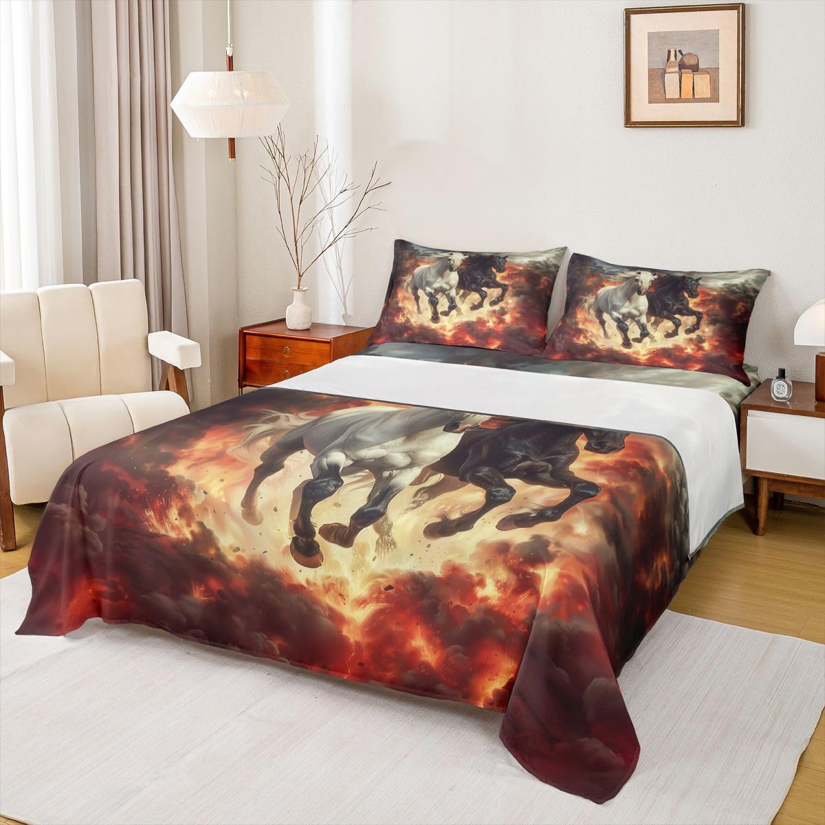 jejeloiu Horse Bed Sheets Sets Queen Size Kids Boys Girls Black and White Horse Bedding Set Western Farm Animals Bed Sheet Set with 16-Inch Deep Pockets Country Farmhouse 4Pcs with 2 Pillow Cases