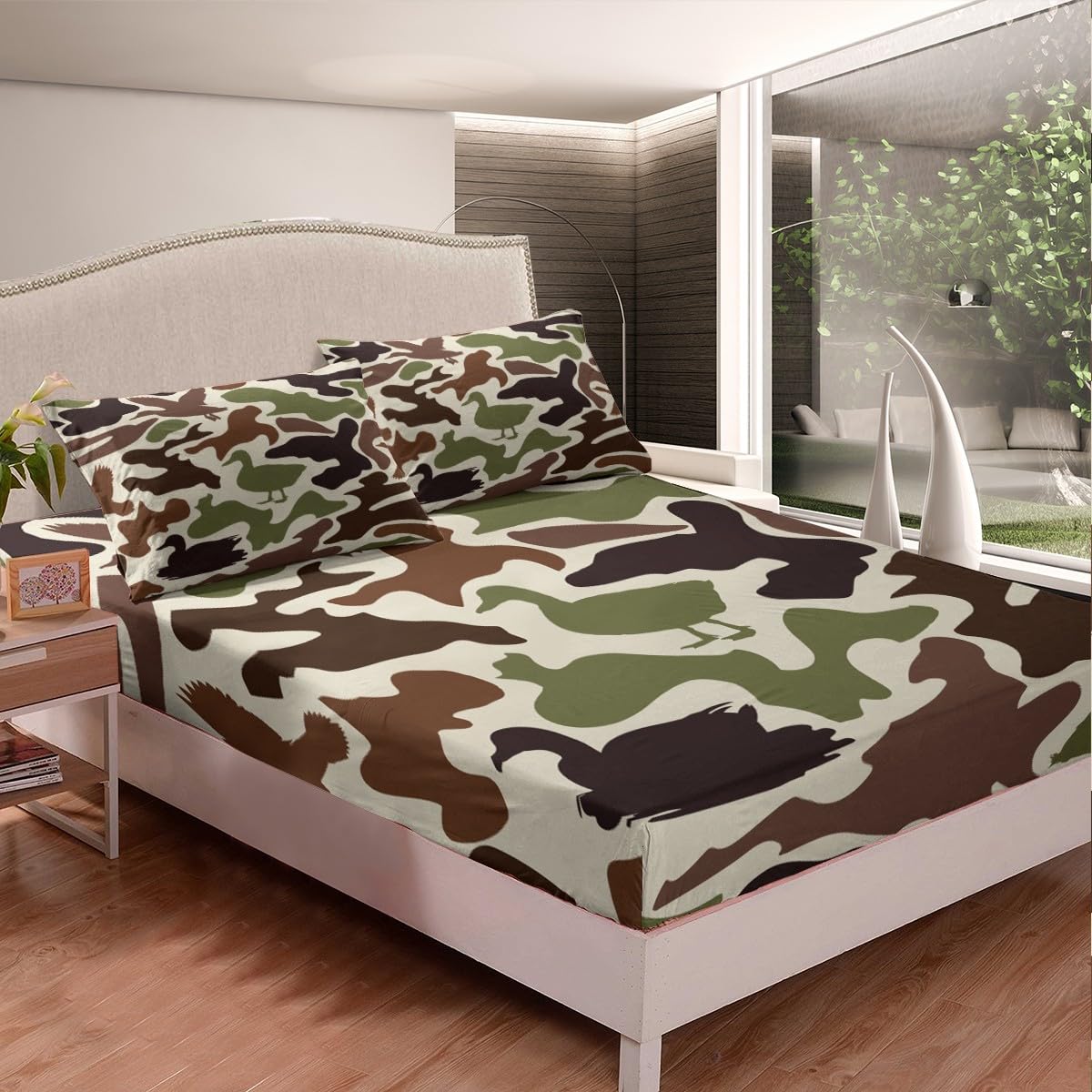 Feelyou Mallard Duck Bedding Set Twin Size for Boys Teens Kids Duck Hunting Camo Bed Sheets Hunter Green Army Camouflage Fitted Sheet Set Wild Home Decor