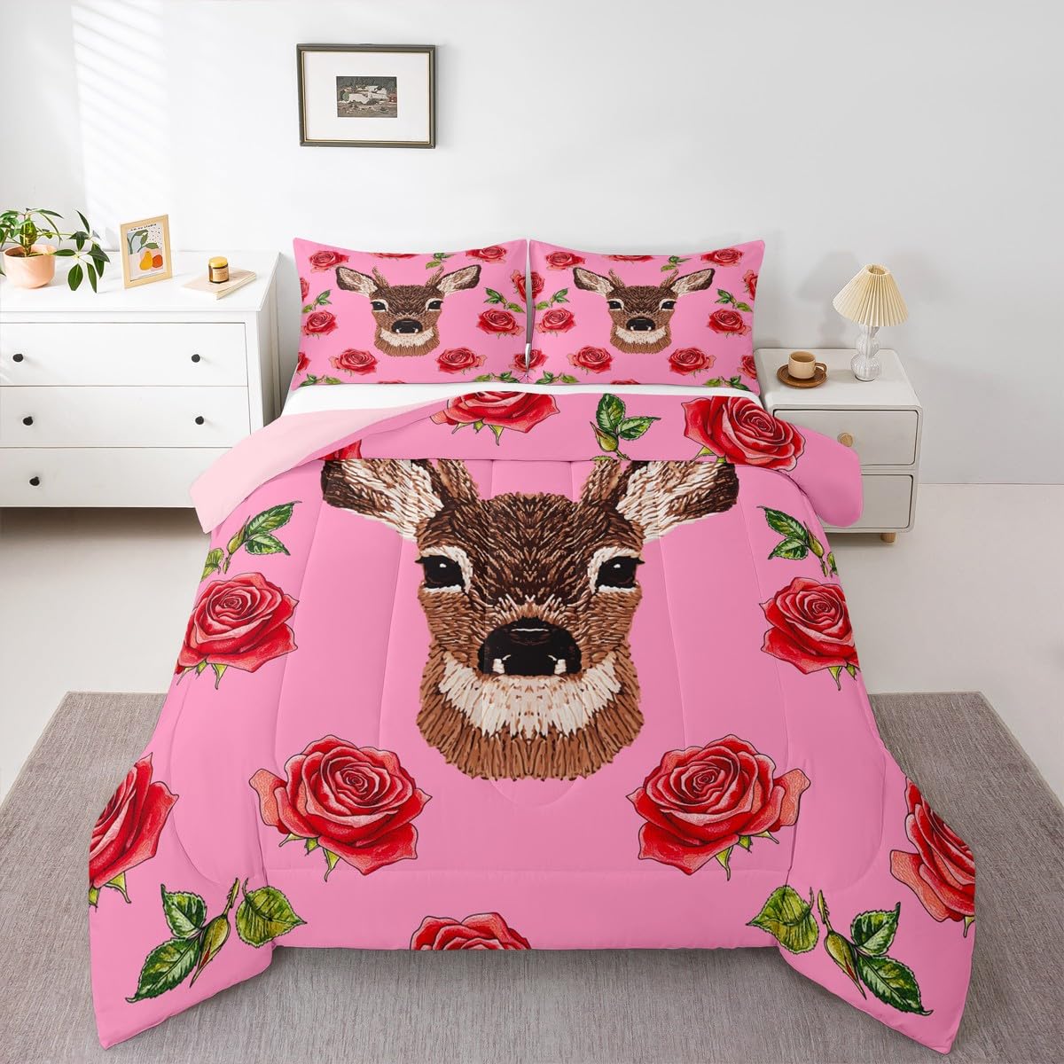 Erosebridal Cute Deer Comforter Set Twin Size Cartoon Flowers Bedding Set for Kids Girls BoysRomantic Pink Roses Comforter Garden Love Quilt Bedroom Decor