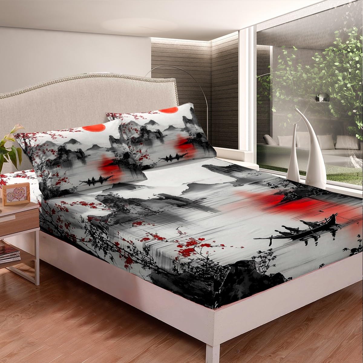 Feelyou Japanese Theme Bedding Sheets Full Cherry Blossom Bed Sheet Set for Adult Kids Watercolor Fitted Sheet Natural Landscape Bed Cover 3Pcs,1 Fitted Sheet+2 Pillow Sham（No Flat Sheet）