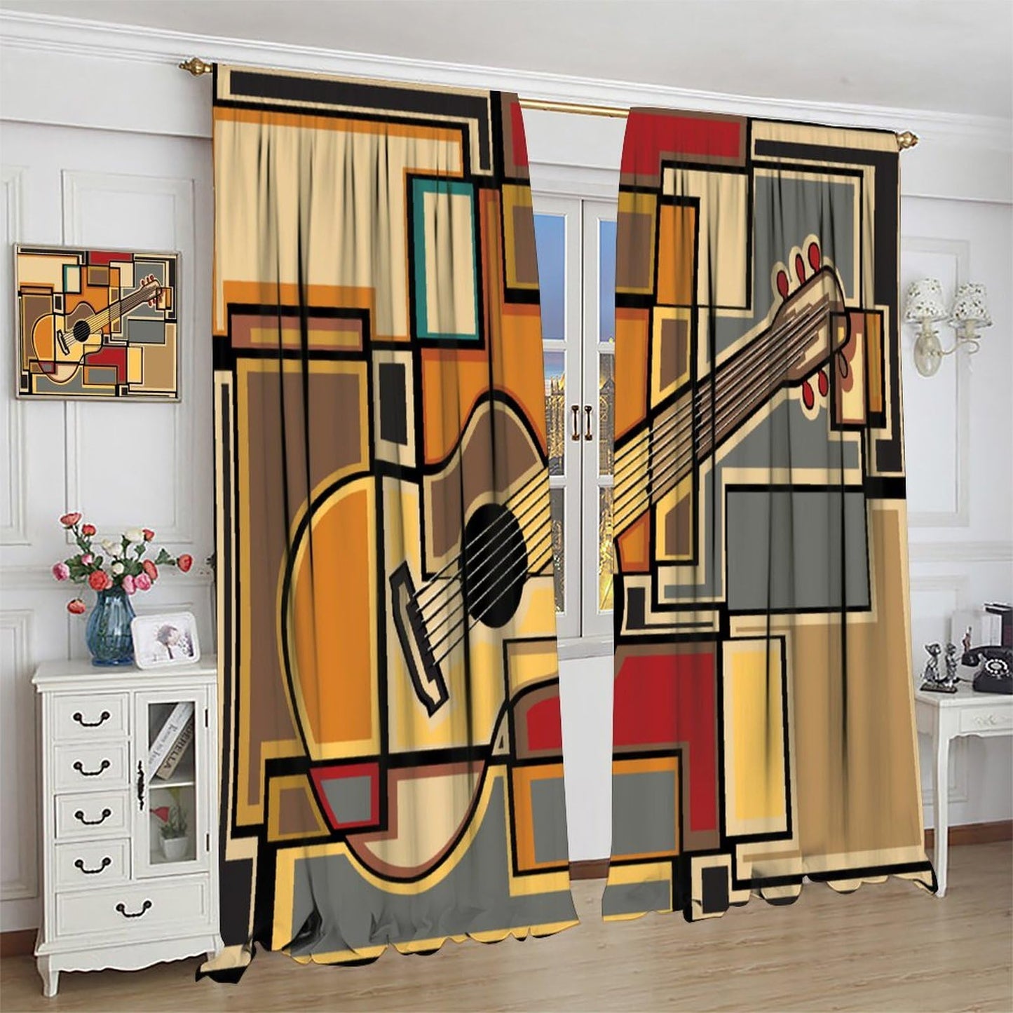 SENQIAN Guitar Music Curtains Abstract Geometric Musical Theme Art Printed Rod Pocket Blackout Window Drapes for Living Room Kitchen Cafe Décor W21xL45in 2 Panels