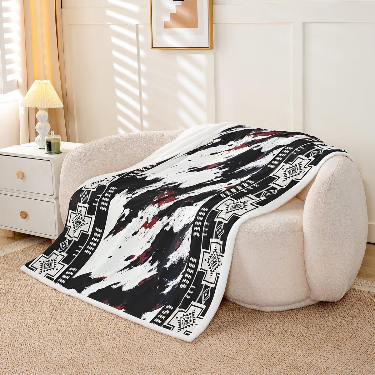 Erosebridal Western Aztec Twin Size Sherpa Blanket, Rustic Cowhide Fleece Blanket for Boys Teens Adults Bedroom, Cow Print Fuzzy Plush Throw, Boho Geometric Exotic Decor for Sofa Couch
