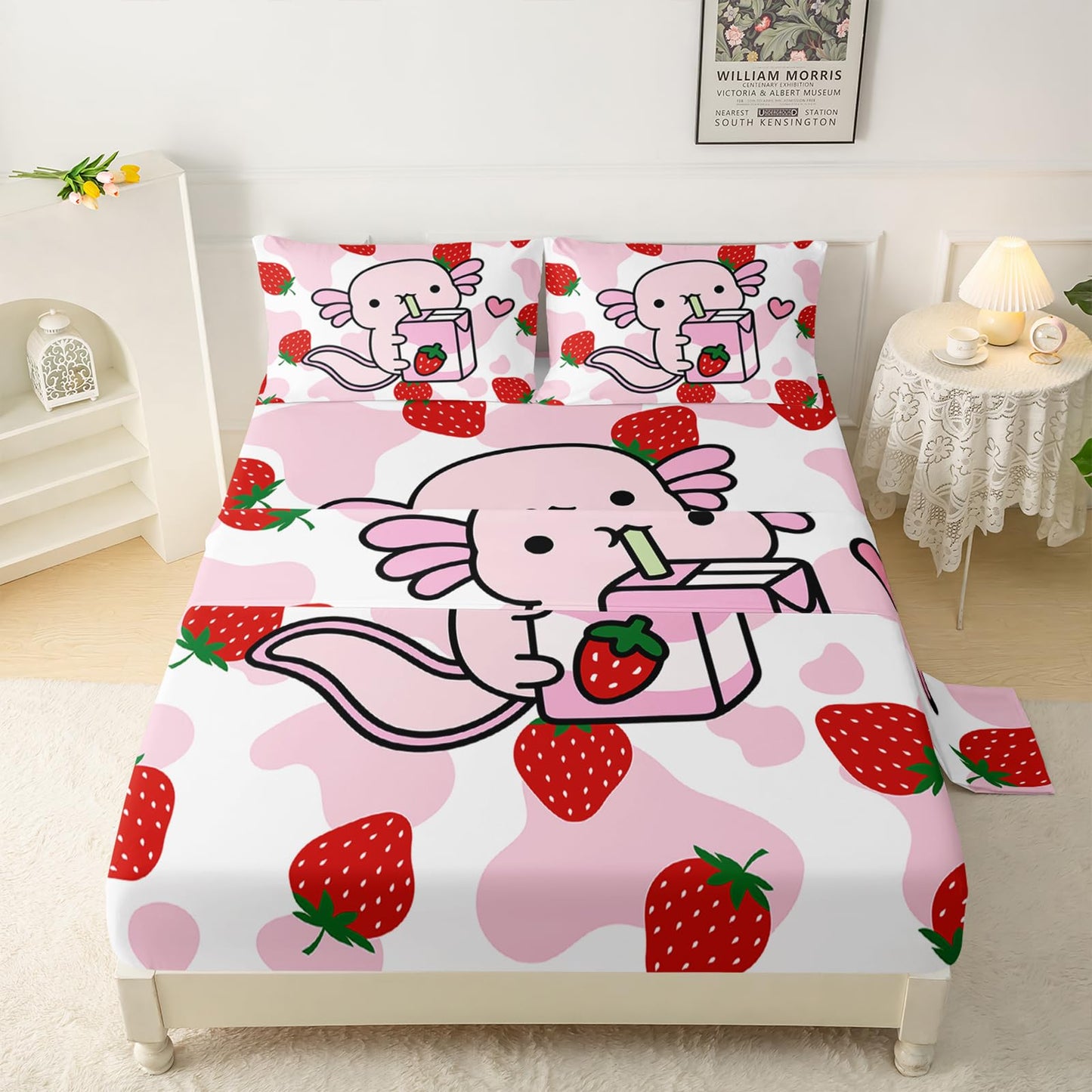 QOOMO Cartoon Axolotl Bedding for Boys and Girls Pink Cow Print Kids Sheets Set Strawberry Milk Breathable Room Decoration Twin Size 1 Fitted Sheet, 1 Flat Sheet, 2 Pillow Cases