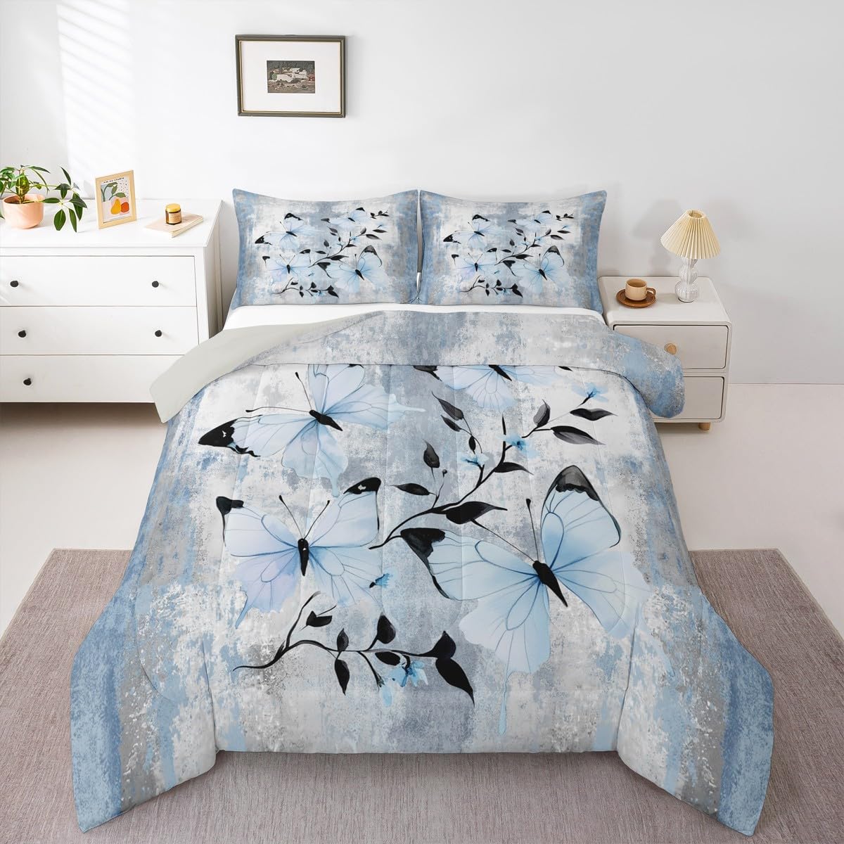 Erosebridal Blue Butterfly Queen Comforter Set Butterflies Wild Flying Animals Bedding Set Abstract Oil Painting Bed Set Watercolor Rustic Farmhouse Quilt Set Ombre Blue Grey Design for Adults