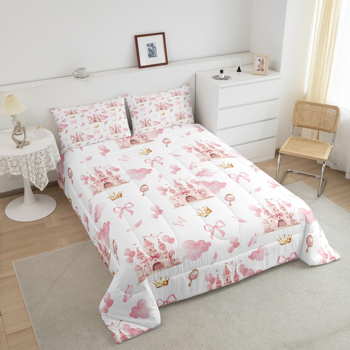 Feelyou Kids Pink Castle Duvet Insert Twin Size, Cute Bowknot Comforter Set Boys Girls Girls Dreamy House Bedding Set Fairytale Teens Bedroom Decor Bed Set 2Pcs