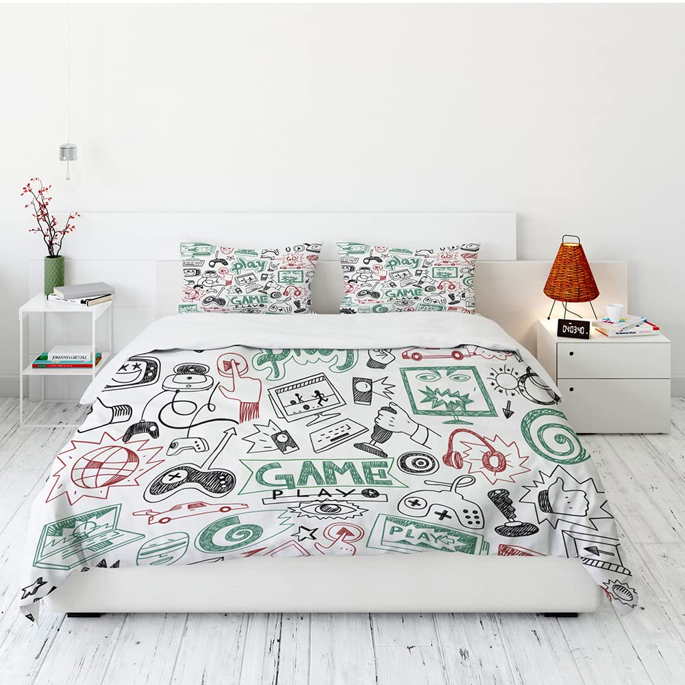 Vichonne Game Comforter Sets for Boys Teen Twin Size,Kids Video Games Bedding Set Sketch Style Athletic Racing Game Design Bedroom Home Decor