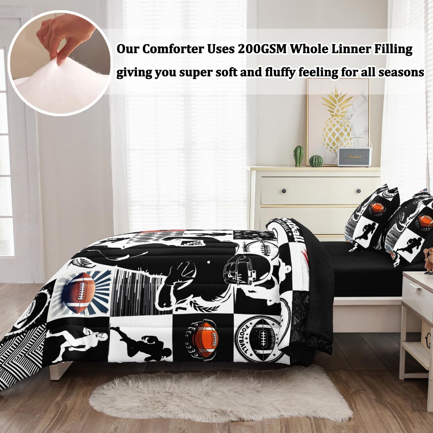 HICAND 5 Pcs Football Full Bedding Set for Boys Teens, Full Size Sports Cool Football Boys Comforter Set with Sheets