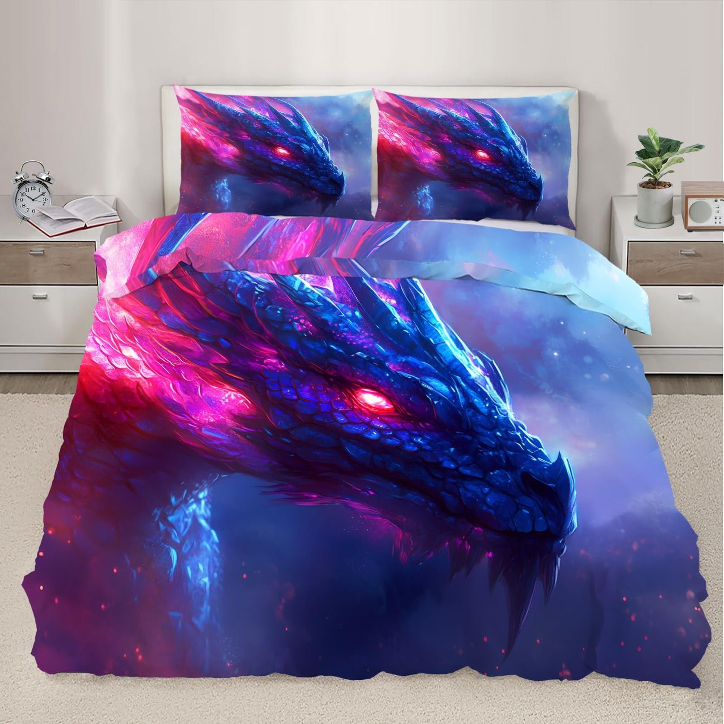PAISUOQ Dragon Bedding Duvet Covers, Fantasy Dragon Comforter King Size, Western Animals Bedding Sets with Zipper & Ties, 3 Pieces with 2 Pillowcases, Home Decor & Gifts