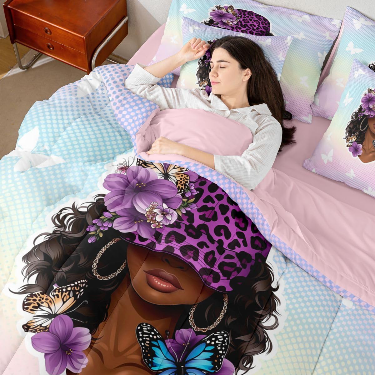 Erosebridal Y2K Black Girl Magic Twin Size Bedding Set Aesthetic Floral Butterfly 7 Pieces Comforter Set with Sheets for Women Purple Leopard Print Hat Bed in a Bag Pastel Gradient Polka Dot Bed Sets