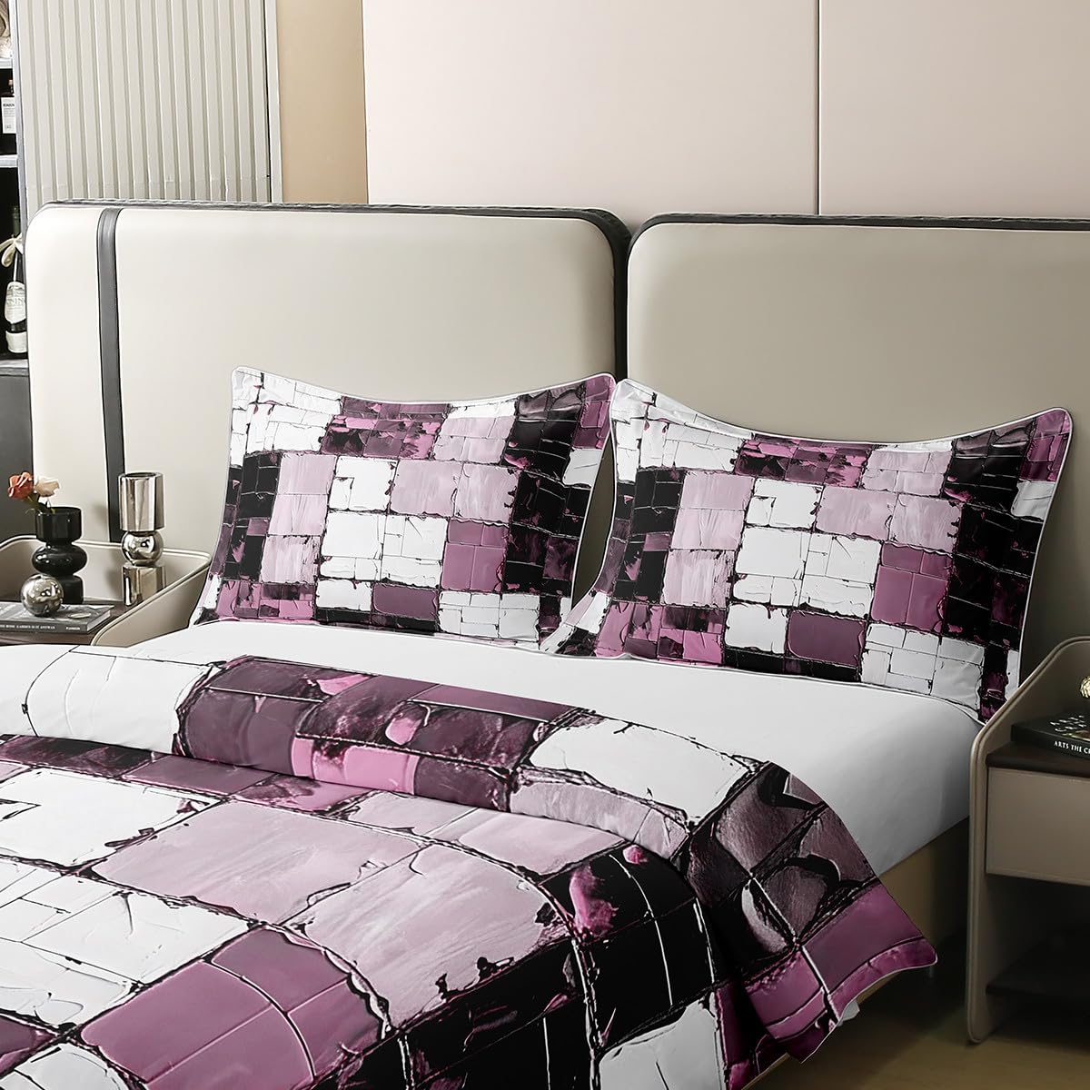 jejeloiu Pink Black Abstract Bedding Set Queen Size Geometric Minimalist Square Duvet Cover 100% Cotton for Boys Girls Modern Abstract Art Comforter Cover（No Comforter）