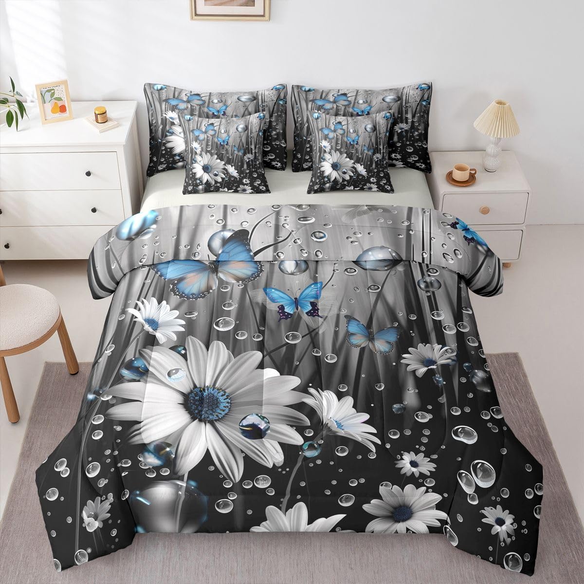 Erosebridal Butterfly 7 Piece Bedding Set Queen Daisy Comforter Set with Sheets Water Droplets Flower Stem Farmhouse Bed in a Bag Fog 3D Floral Blue Butterflies for Kids Boys Girls