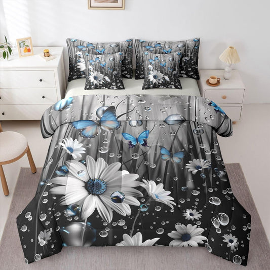 Erosebridal Butterfly 7 Piece Bedding Set Queen Daisy Comforter Set with Sheets Water Droplets Flower Stem Farmhouse Bed in a Bag Fog 3D Floral Blue Butterflies for Kids Boys Girls