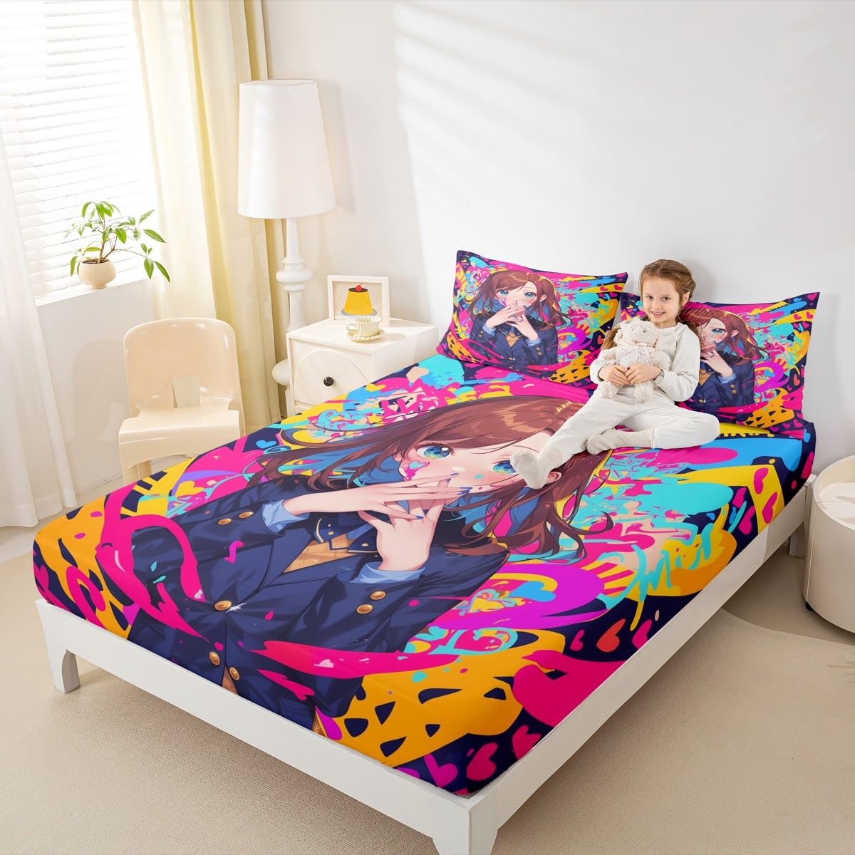 Erosebridal Anime Girl Twin Bed Sheets, Japanese Anime Bedding Set 2 Piece for Kids Girls Teens Adult Bedroom Decor, Cartoon Girl Fitted Sheet Kawaii Japanese Animation Sheets