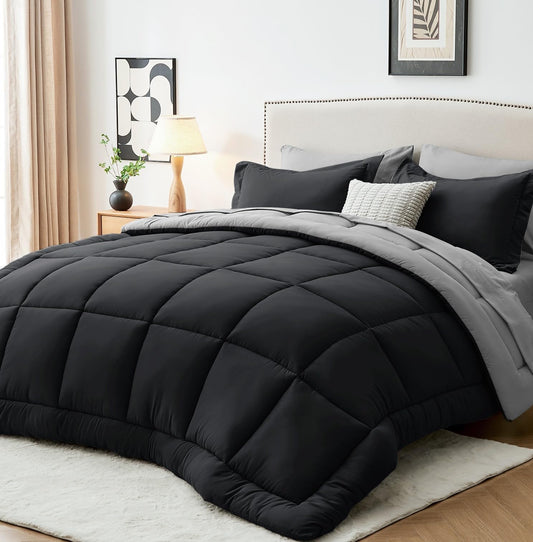 Sasttie Queen Comforter Set, 7 Pieces Bed in a Bag Queen, Complete Bedding Set Includes Comforter, Flat Sheet, Fitted Sheet, Pillowcases and Pillow Shams, Black & Light Grey