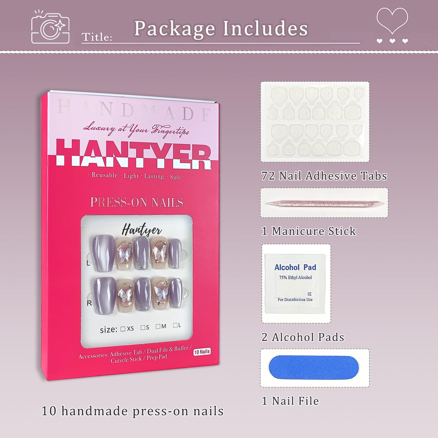 Hantyer Press on Nails, Medium Coffin Fake Nails, Purple Cat Eye & Hand-Painted Silver Lines, Butterfly Accents & Icy Lavender Glow, Gel Nails Sweet Style for Women Daily Wear & Party Events(Size M)