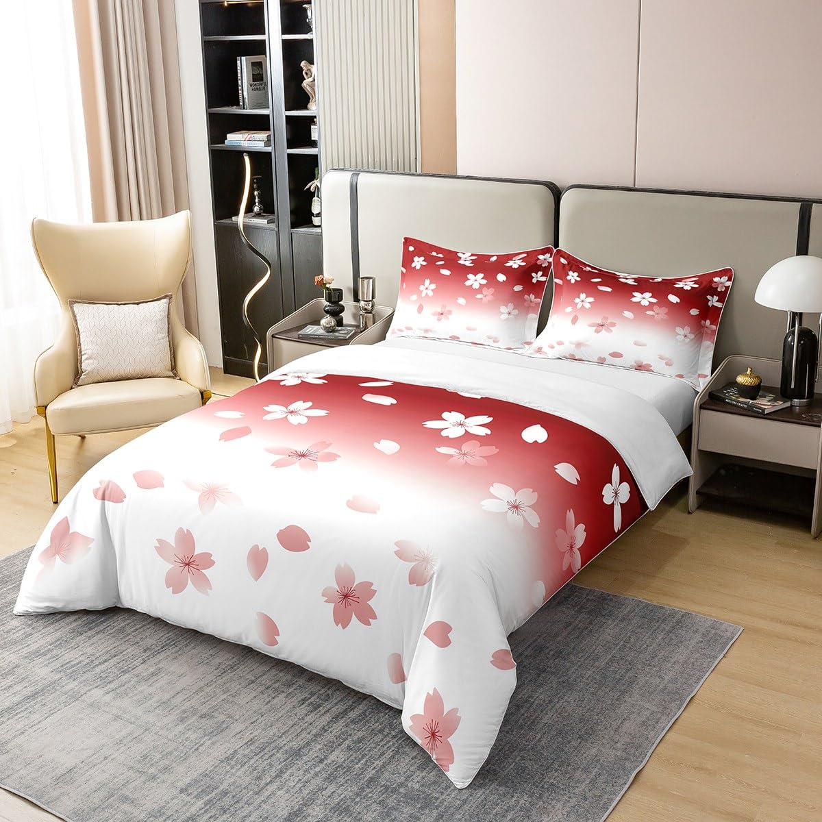 Erosebridal Japanese Style Girls Comforter Cover Twin Size 100% Cotton Aesthetic Romantic Cherry Blossom Duvet Cover Green White Ombre Bedding Set Sakura Theme Spring Plants Bed Set for Kids Boys
