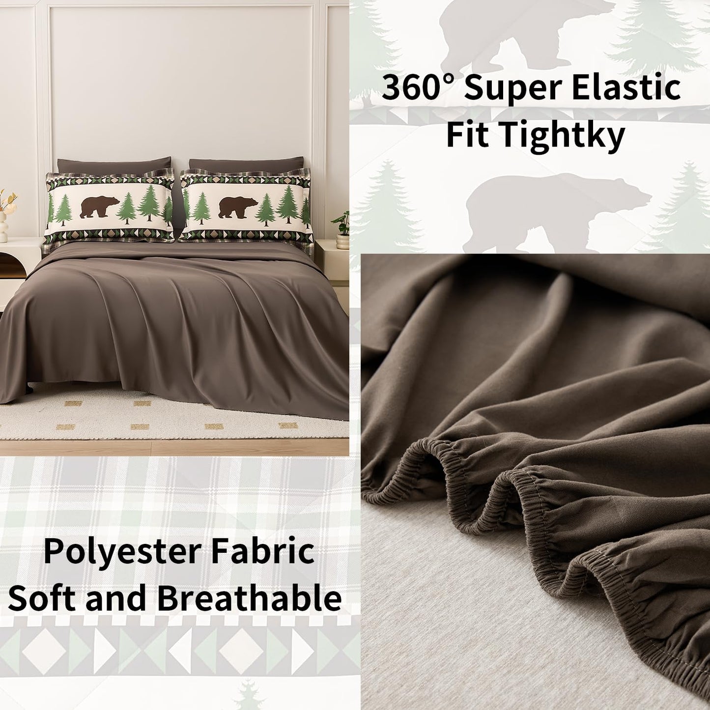 Smuge Lodge Moose Comforters Queen Size Set - 7 Pieces Bed in a Bag Bear Rustic Cabin Country Comforter Sets Queen Bed, Down Alternative Bedding Sets, Sheets, Pillowcases & Shams(Coffee Green)