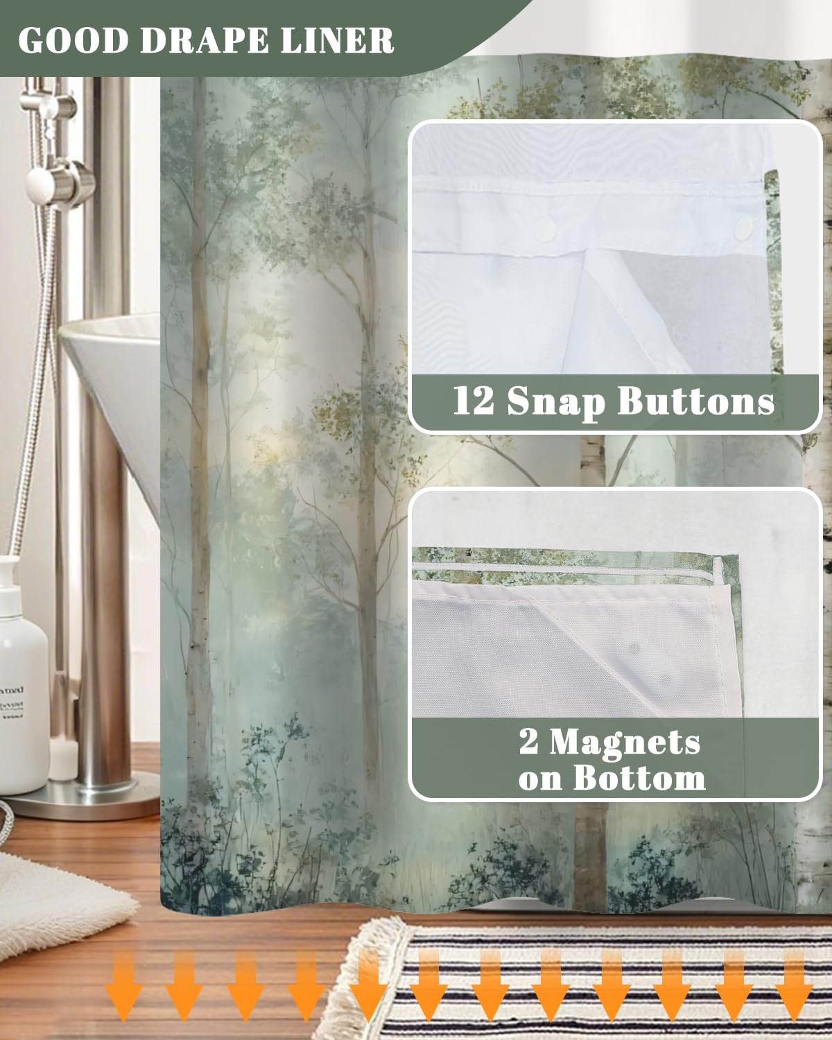 Xiazhilaio No Hook Shower Curtain and Liner Set, Birch Tree Forest Double Layer Waterproof Fabric Bath Tub Curtain for Rustic Farmhouse & Woodland Bathroom Decor, See Through Top, 71 x 74 Inch