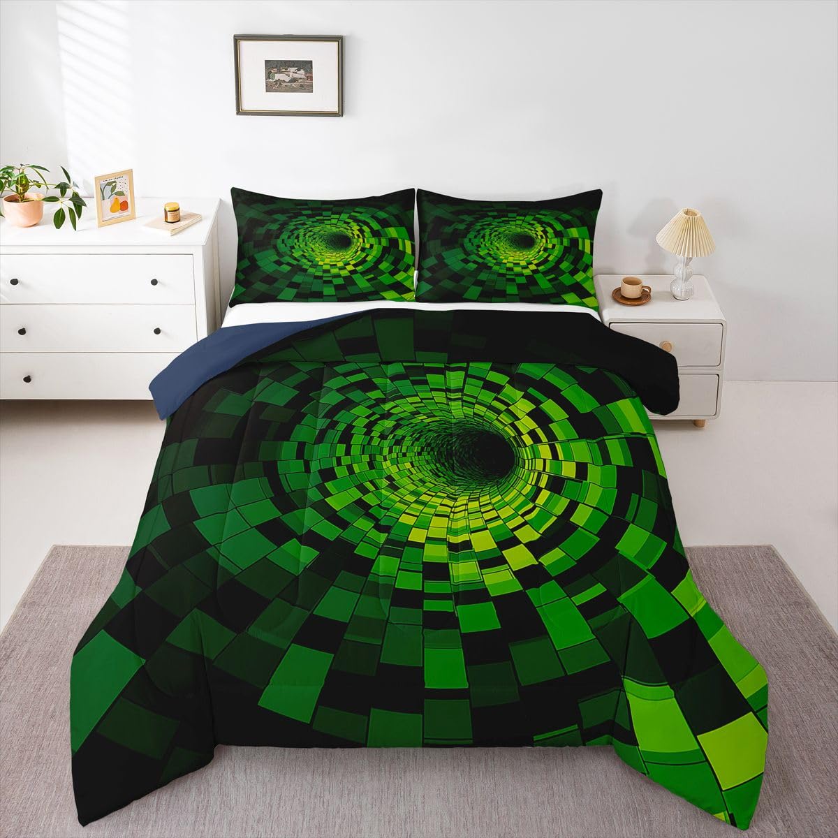 Erosebridal Geometric Bedding Set King Green Plaid Square Print Comforter Set for Kids Boys Girls Modern Grid Circle Swirl Down Comforter,Abstract Modern Quilt Duvet