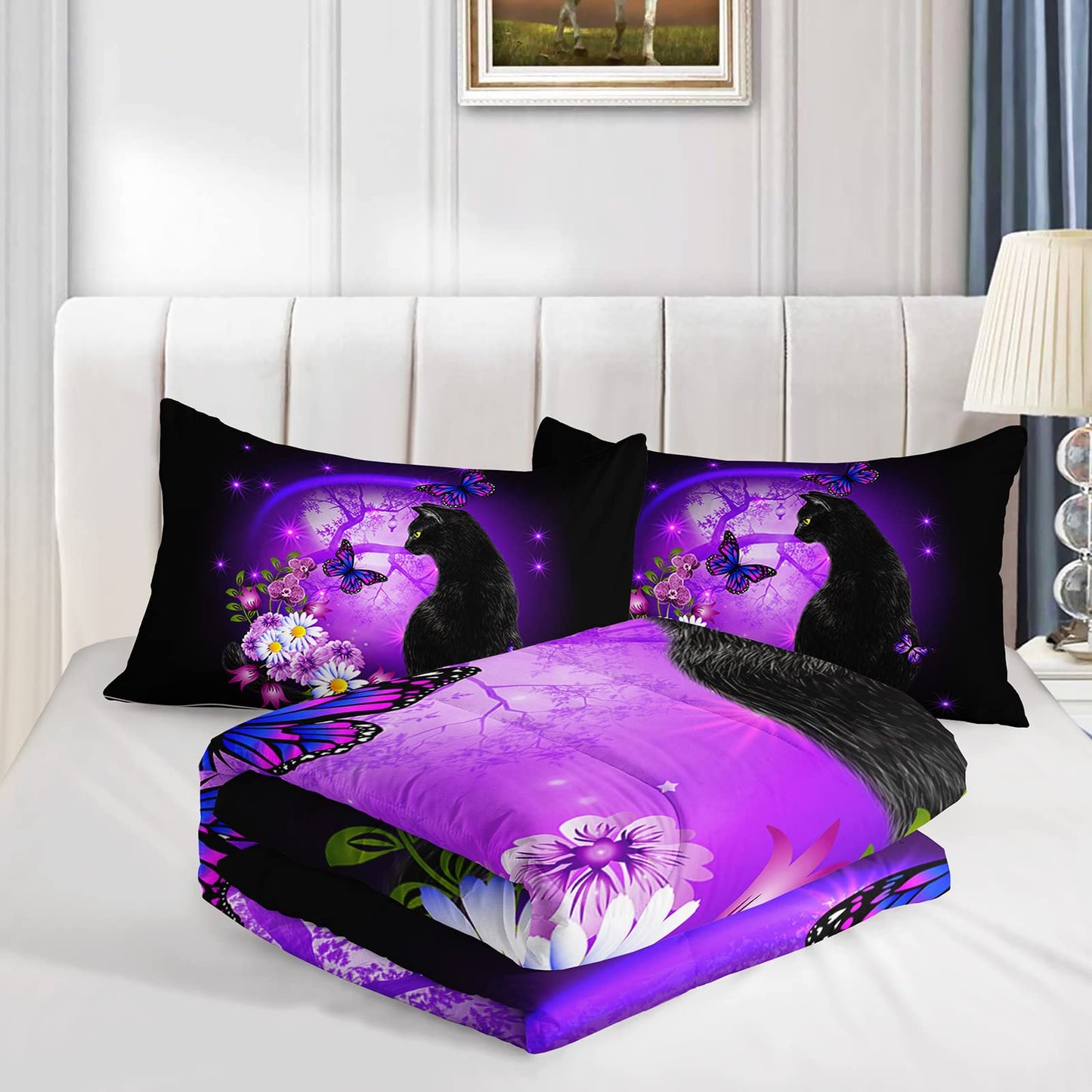Black Cat Bedding Cartoon Cat Comforter Set Twin,Daisy Butterflies Printed Kids Bedding Set for Kids Boys Girls Adults Room Decor,Kids Comforter Set All Season,1 Quilt 2 Pillow Cases