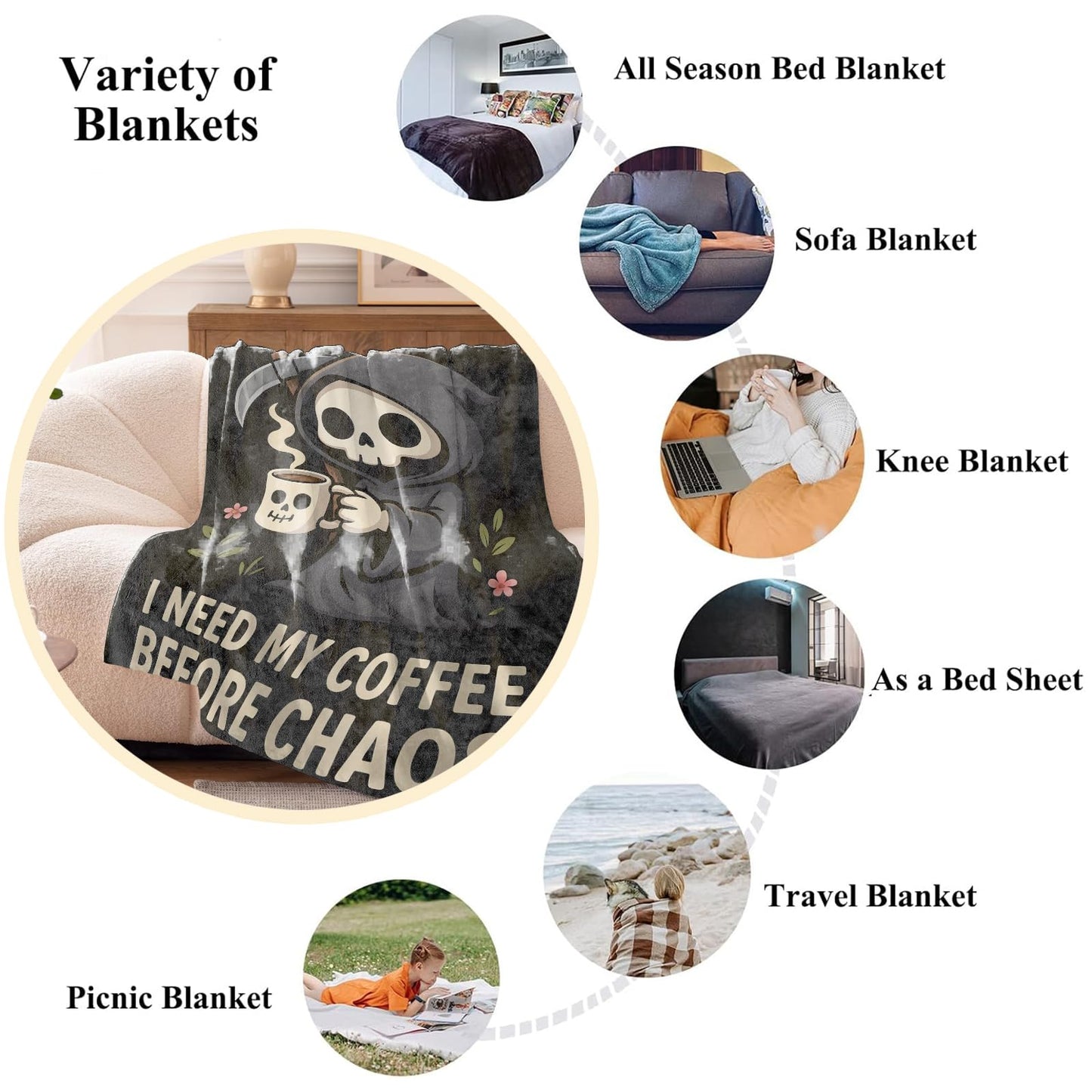 Wanoryer Grim Reaper Coffee Blanket, Comfy & Warm Flannel Throw Blanket for Couch, Gifts for Women Adults Kids Goth Vibes, Soft Fuzzy Lightweight Travel Bed Blankets for Decor 50"×60"