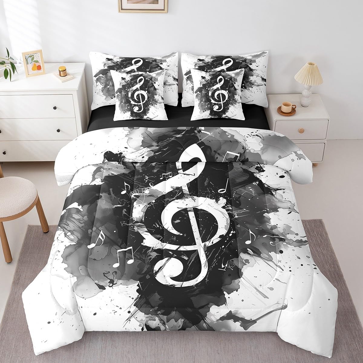 Feelyou Music Comforter Set with Sheets Queen Size Guitar Instruments Bed in a Bag for Boys Girls Teens Black White 7 Pieces Bedding Set Soft Lightweight Microfiber