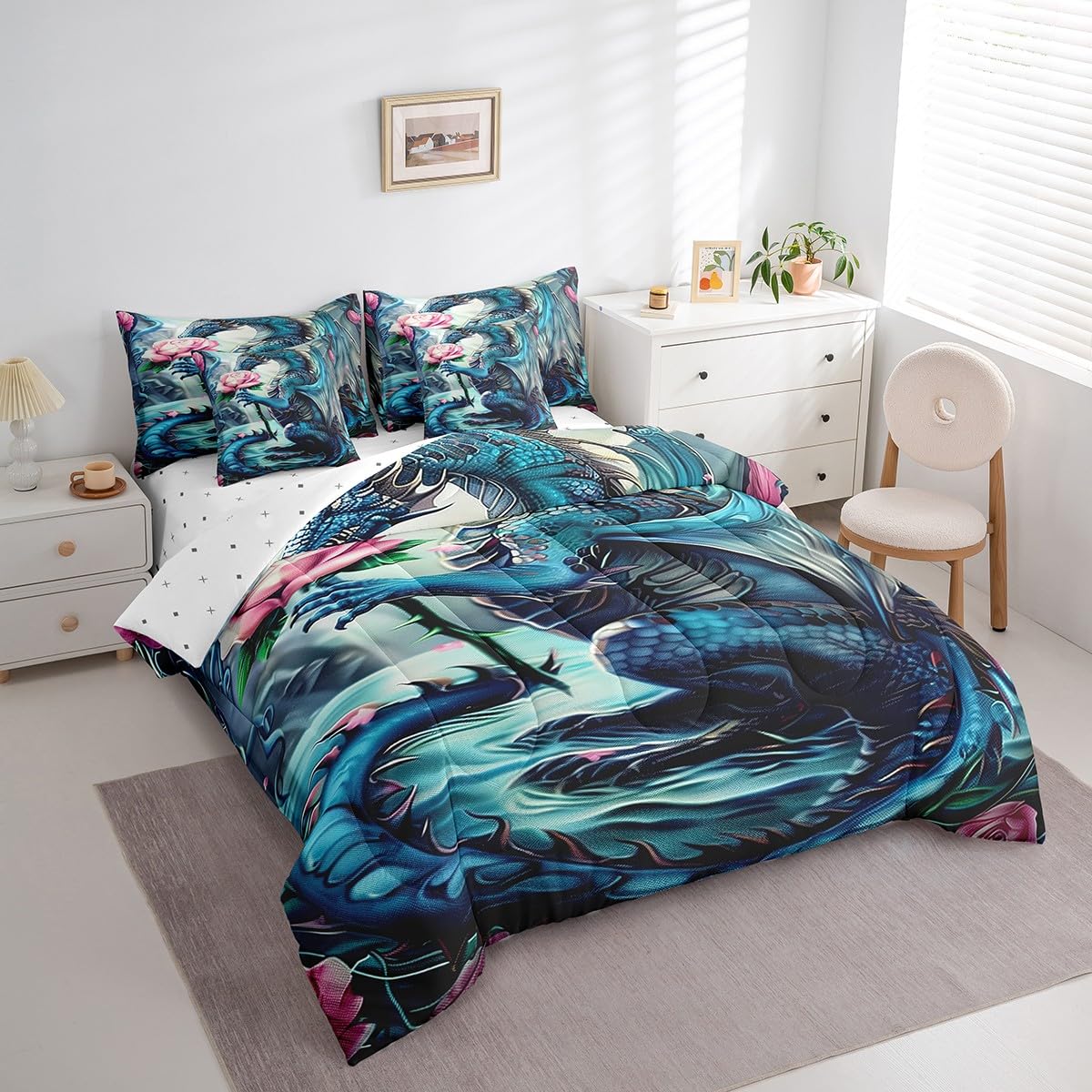 Erosebridal Floral Dragon Comforter Sets with Sheets - Magical Animal Bedding Set Queen for Boys Girls Pink Rose Dragon Theme 7Pcs Bed in A Bag Cute Wildlife Bed Set