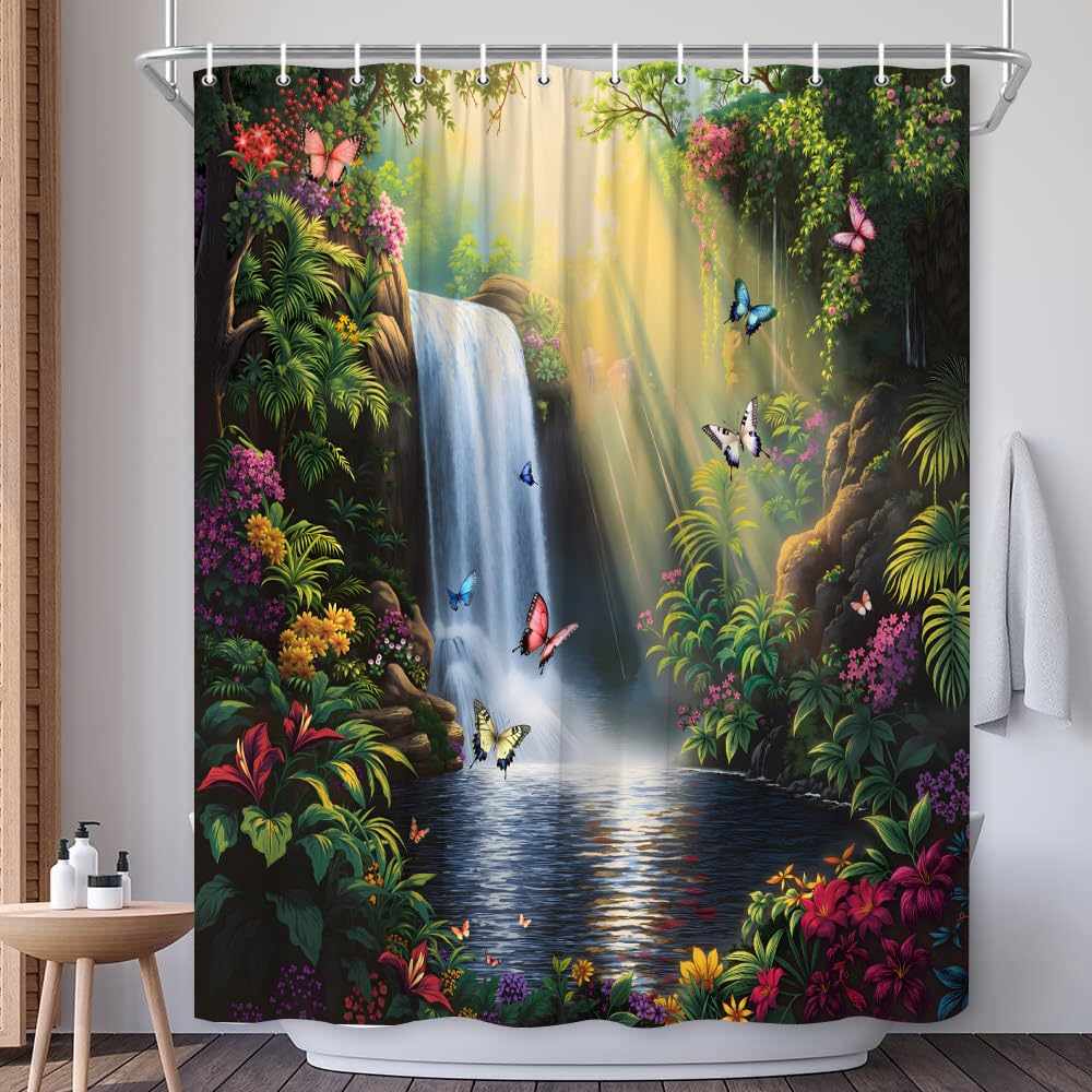 EUBTPA Tropical Waterfall Shower Curtain with Butterflies and Colorful Jungle Flowers, Nature Scenery Bathroom Decor Polyester Fabric Curtains 70X70 Inch