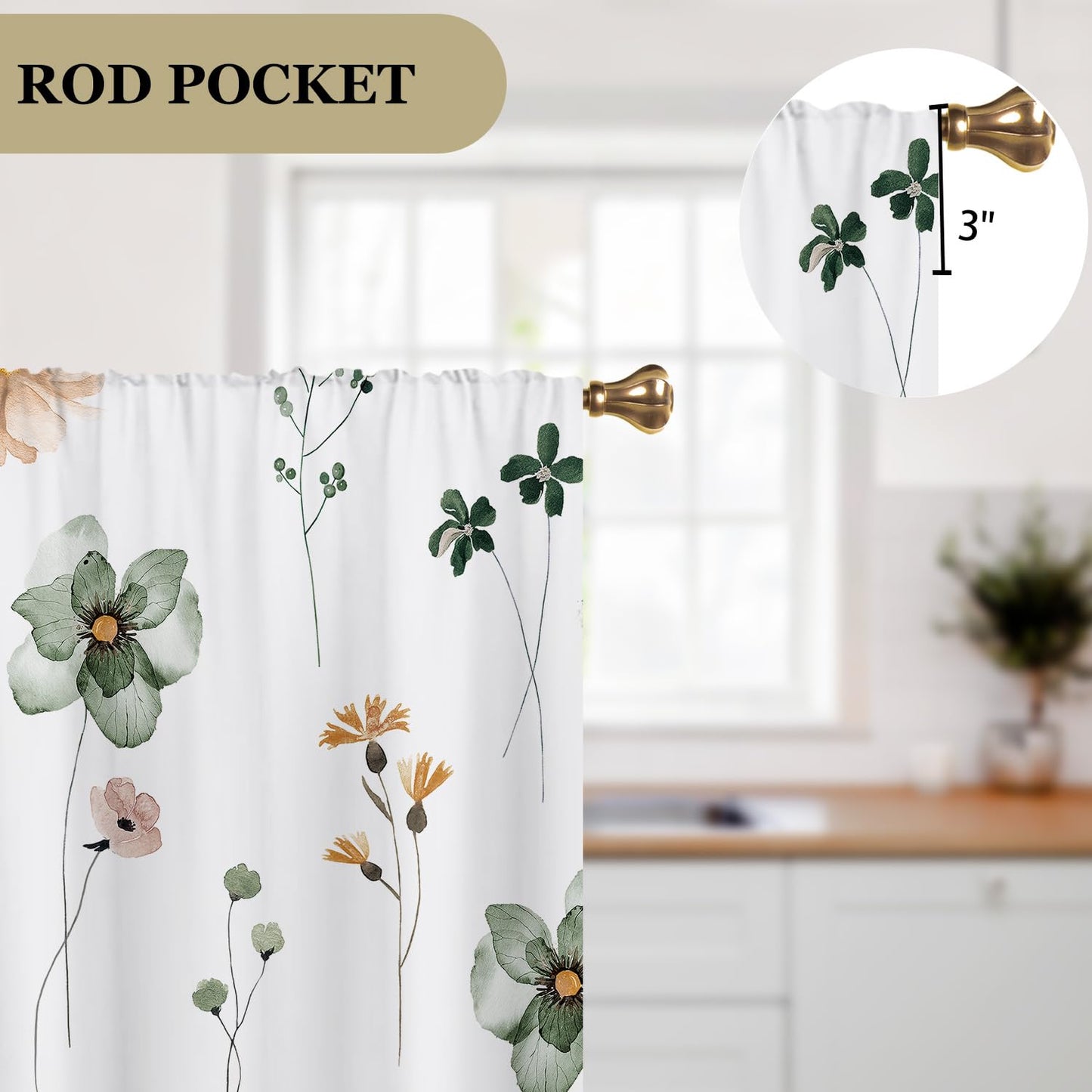 Cizuug Kitchen Curtains Boho Country Green Flower Small Short Small Short Cafe Tier Curtains Decor for Living Dining Room Bathroom RV Rod Pocket Window Drapes Treatment 2 Panels (27.5x39Inch)