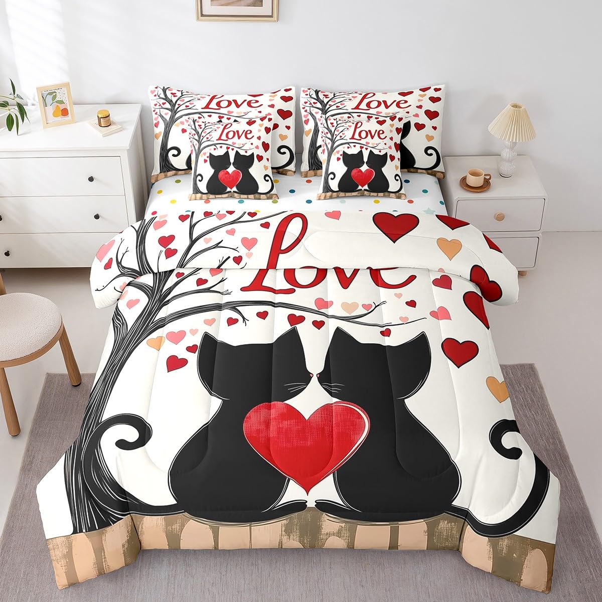 Erosebridal Cute Couple Cat Queen 7 Piece Bedding Set - Romantic Valentines Day Comforter Set with Sheets, Pink Red Love Pattern Bed in a Bag for Kids Girls Boys Women Couples Bedroom Decor