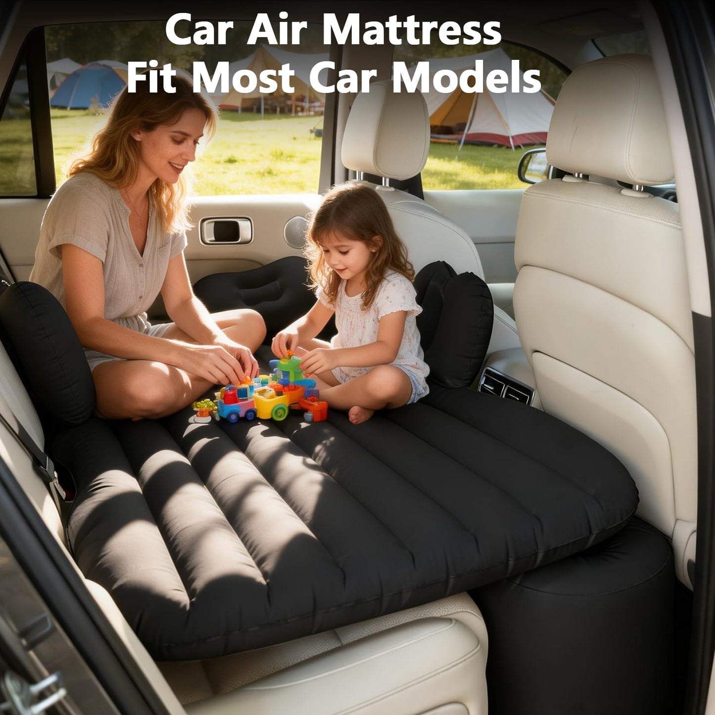 BEBAS Car Air Mattress, Thickened Inflatable Car Bed with Safety Side Wedge, Built-in Air Pump & 4 Pillows – Portable Foldable Back Seat Sleeping Pad for SUVs, Sedans, Travel & Camping | Black