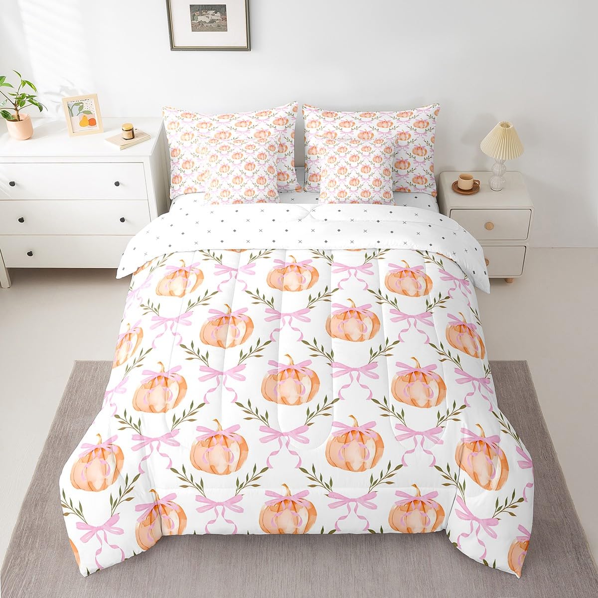 Castle Fairy 7 Pieces Fall Pumpkin Comforter Set Full Size,Pink Bow Grid Bedding Sets Kids Girls Boys Women Palm Leaves Nature Botanical Quilt + Fitted & Flat Sheets + 2 Cushion Cover + 2 Pillowcases