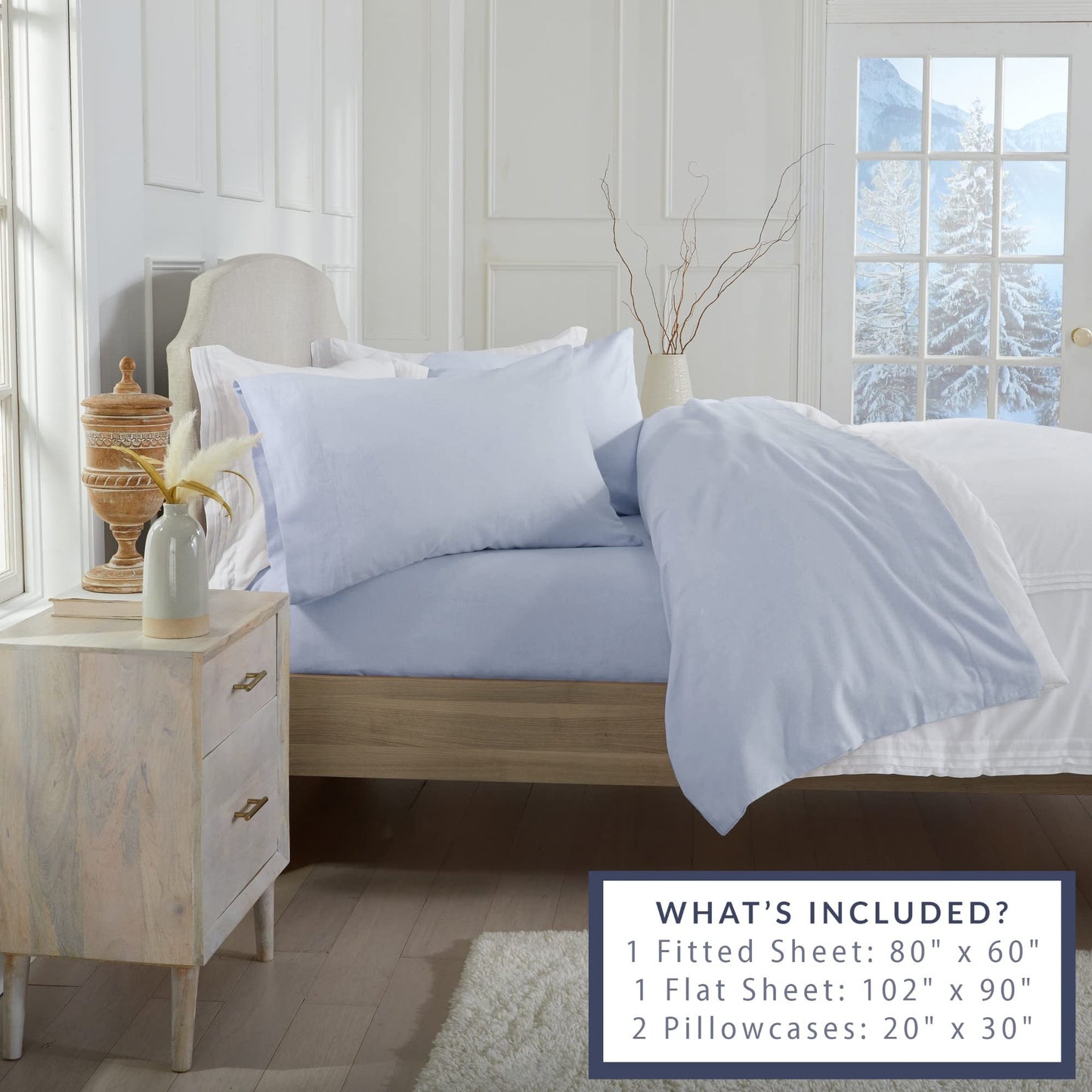 Market & Place 100% Turkish Cotton Flannel Sheet Set | 4 Piece Deep Pocket Solid Cozy Winter Bed Sheets | Double Brushed for Extra Softness & Comfort | Chalet Collection (Queen, Light Blue)