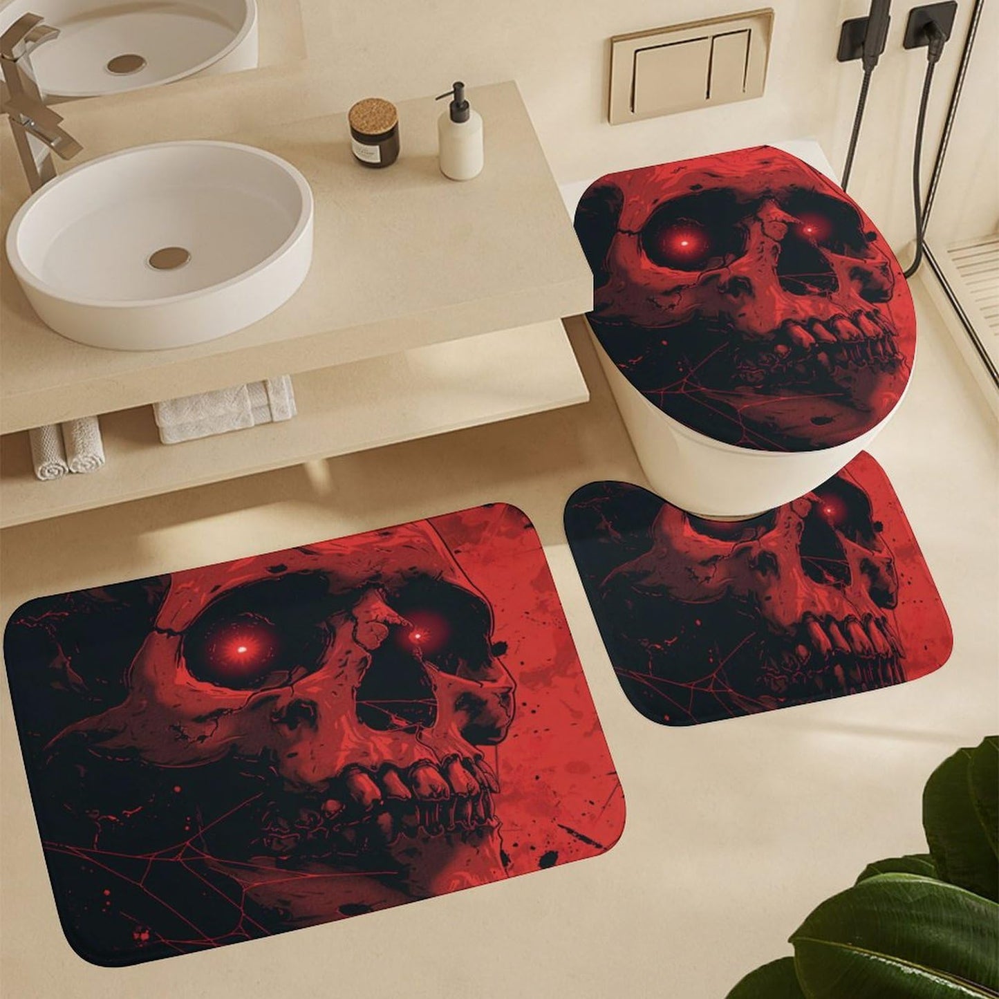 TOWINSFB 4Pcs Halloween Creepy Skull Shower Curtain Set with Toilet Lid Cover Non-Slip Rugs for Bathroom, Fantasy Red Gothic Skeleton Cobweb Shower Curtain Bathroom Sets with Hooks, 72x72 Inch