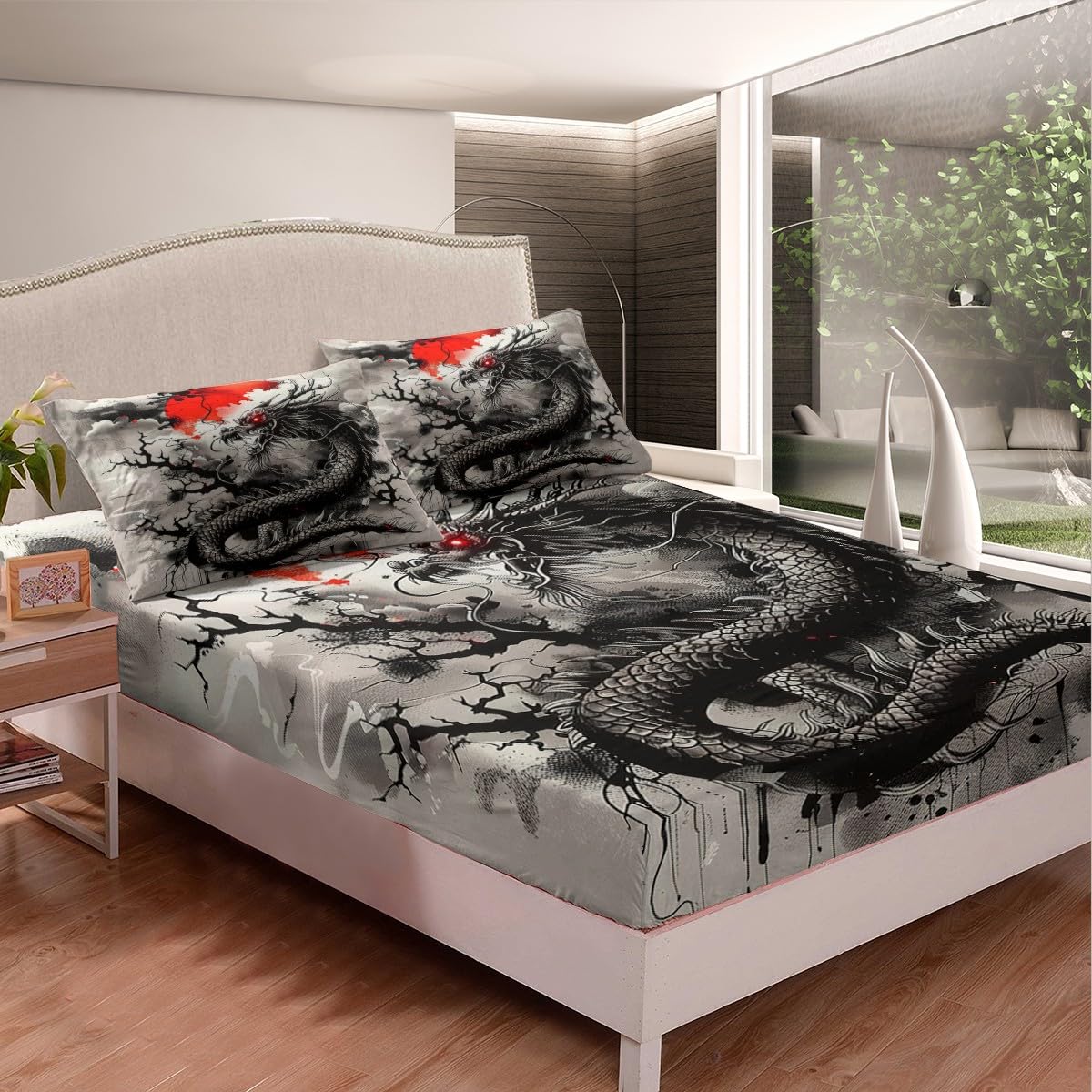 Black Dragon Fitted Sheet Queen Size,Japanese Style Bedding Set 3Pcs for Kids Girls Boys Teens Room Decor,Sunset Ink Tie Dye Bed Sheets Magical Style Wildlife Deep Pocket Sheet,2 Pillowcases