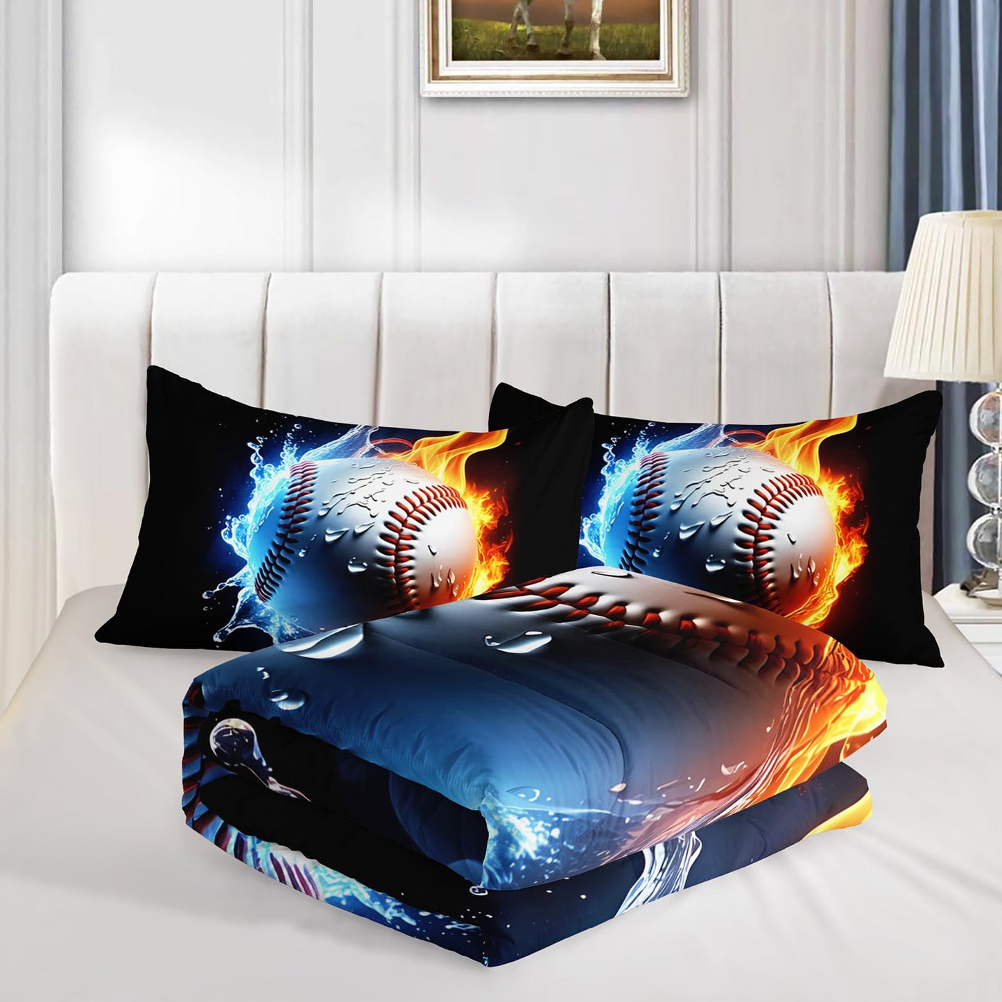 QOOMO 3Pcs Baseball Comforter Set Twin,Fire and Water Bedding Set for Teens Boys Girls,Sports Printed Comforter with 2 Pillowcases,Down Alternative,Soft and Lightweight