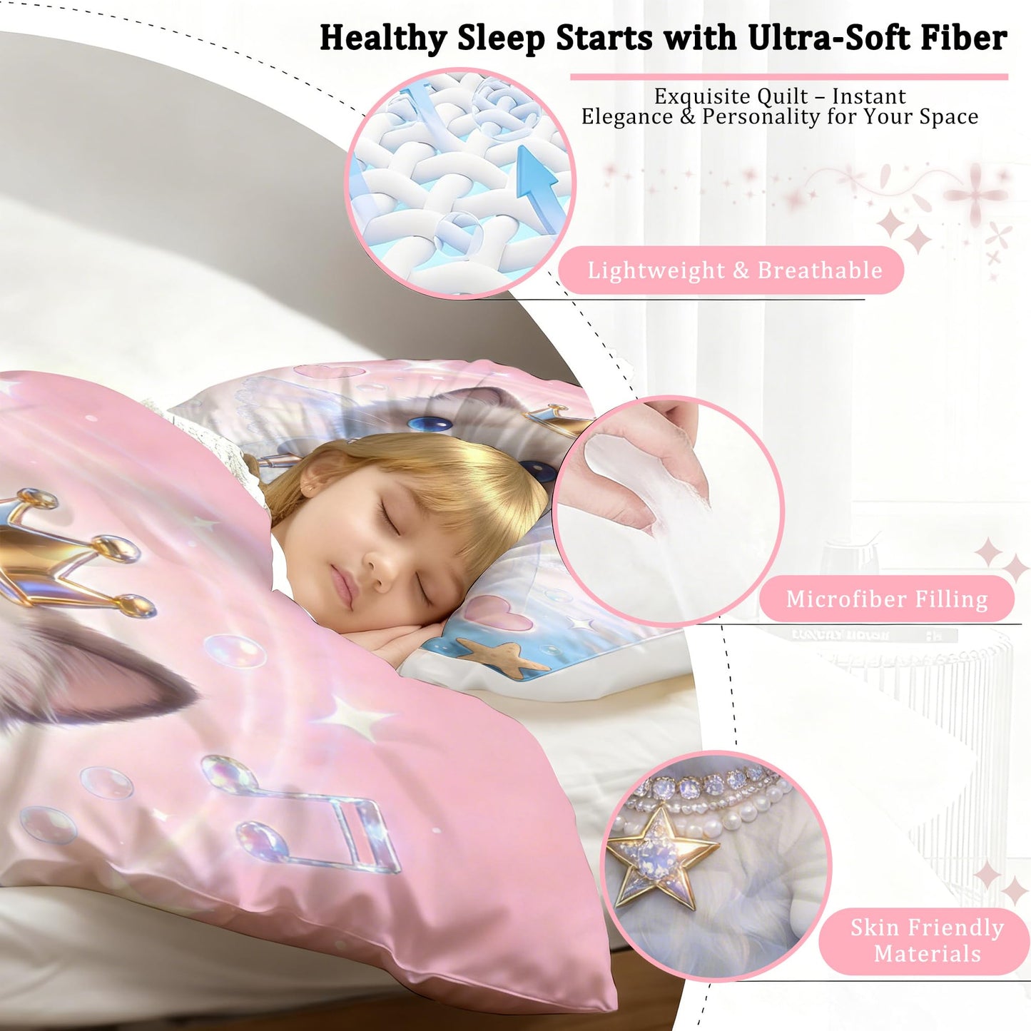VTKON 3D Cat Bedding Set Twin Size for Girls Kids Teens Soft Kitten Pink Blue Comforter Set Cute Ragdoll Cat Print Pattern Bed Set Singing Angel Animal Quilt Set with 1 Comforter + 1 Pillow Case