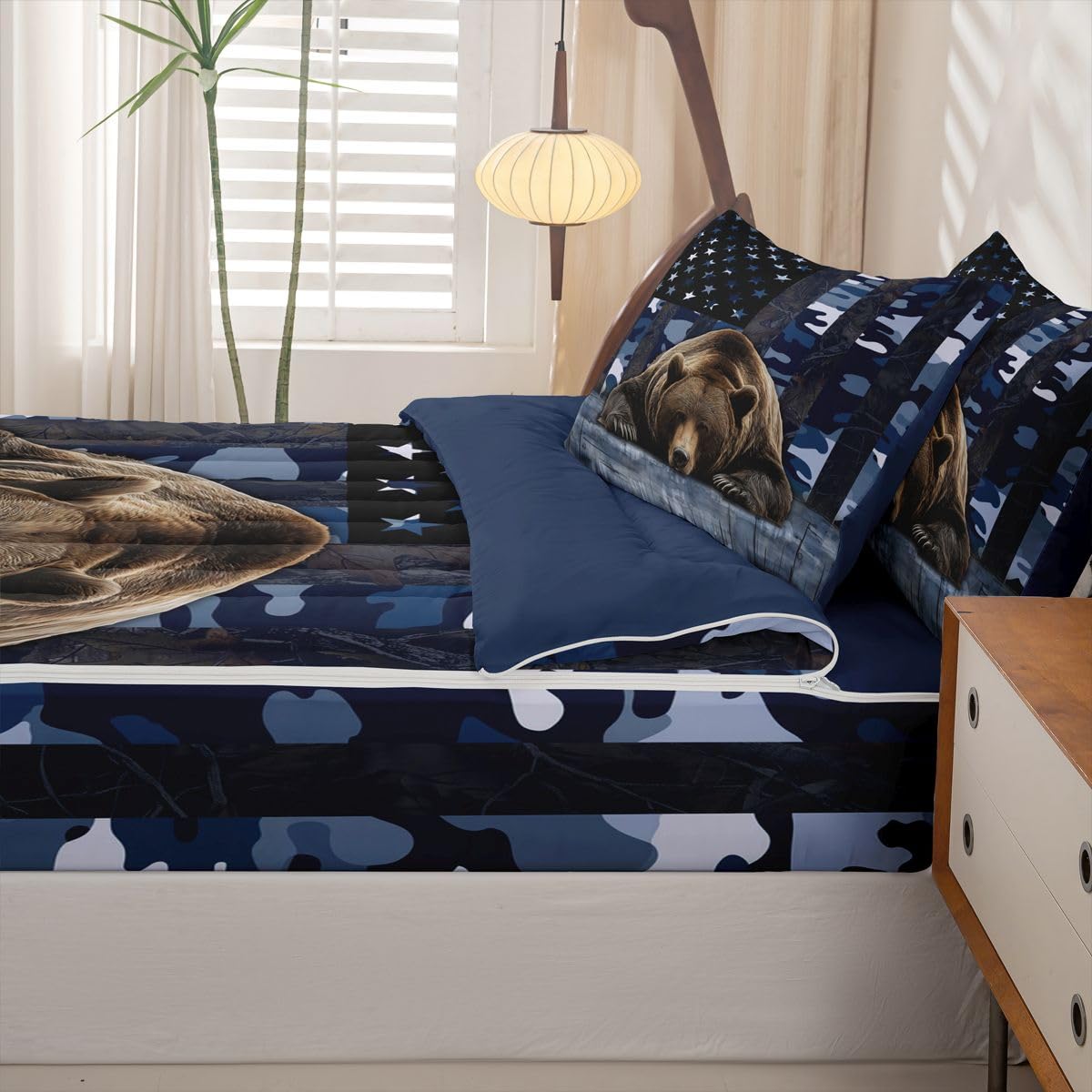 jejeloiu Bear Hunting Camo Zipper Bedding Twin Rustic Western Bear Bedding Sets for Kids Boys Girls American Flag Comforter Set with Fitted Sheet 2 Pillowcases One Zipper Bed Set for All Seasons