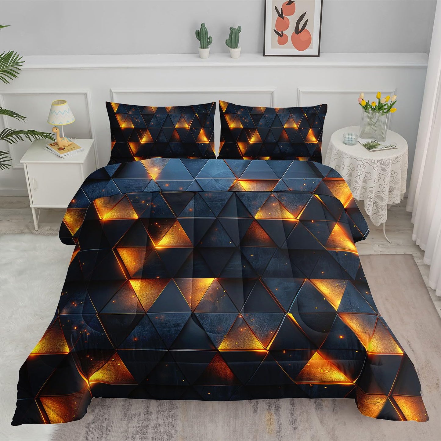 Smell Sunshine 3D Geometric Comforter Set Yellow Neon Light Printed Bedding Set with 1 Comforter and 2 Pillowcases for Boys and Girls Bedroom All Season(Geometric Twin)