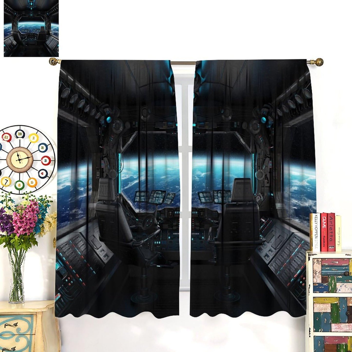 YSWOW Spaceship Curtains Galaxy Futuristic Science Spacecraft Cabin Art Printed Window Drapes for Kids Boys Bedroom Decor Fabric 2 Panel W21xL45in
