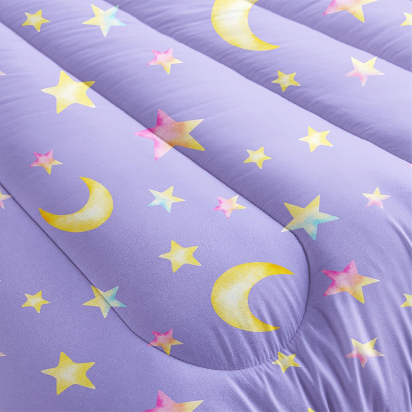 UEVBF Yellow Stars and Moon Comforter Set Queen Size,3 Piece Space Themed Girls Bedding for Kids Room Decor,Soft and Lightweight Bedding Comforter Sets with 2 Pillowcases.