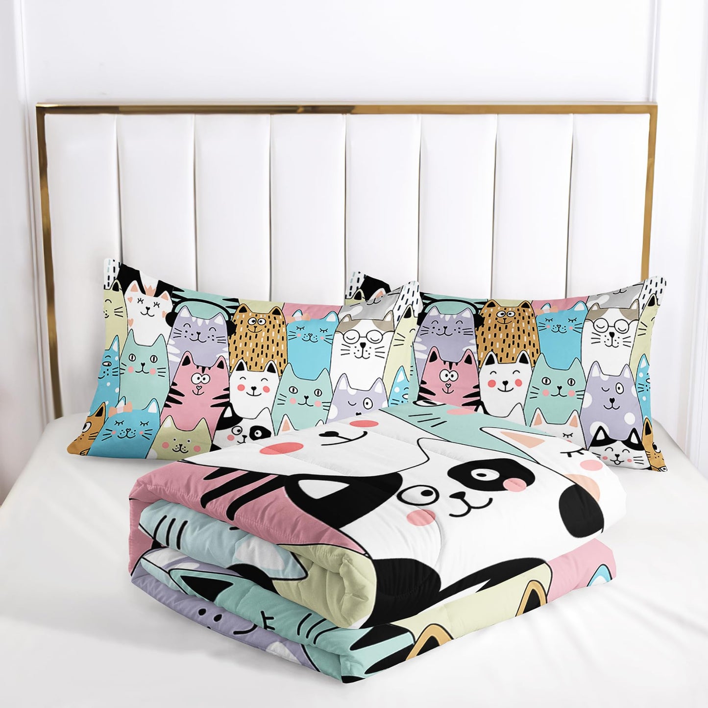 Tuzaovy Queen Cat Comforter Set for Girls - Kawaii Queen Size Bedding, Cute Comforter Set for Teen Girls