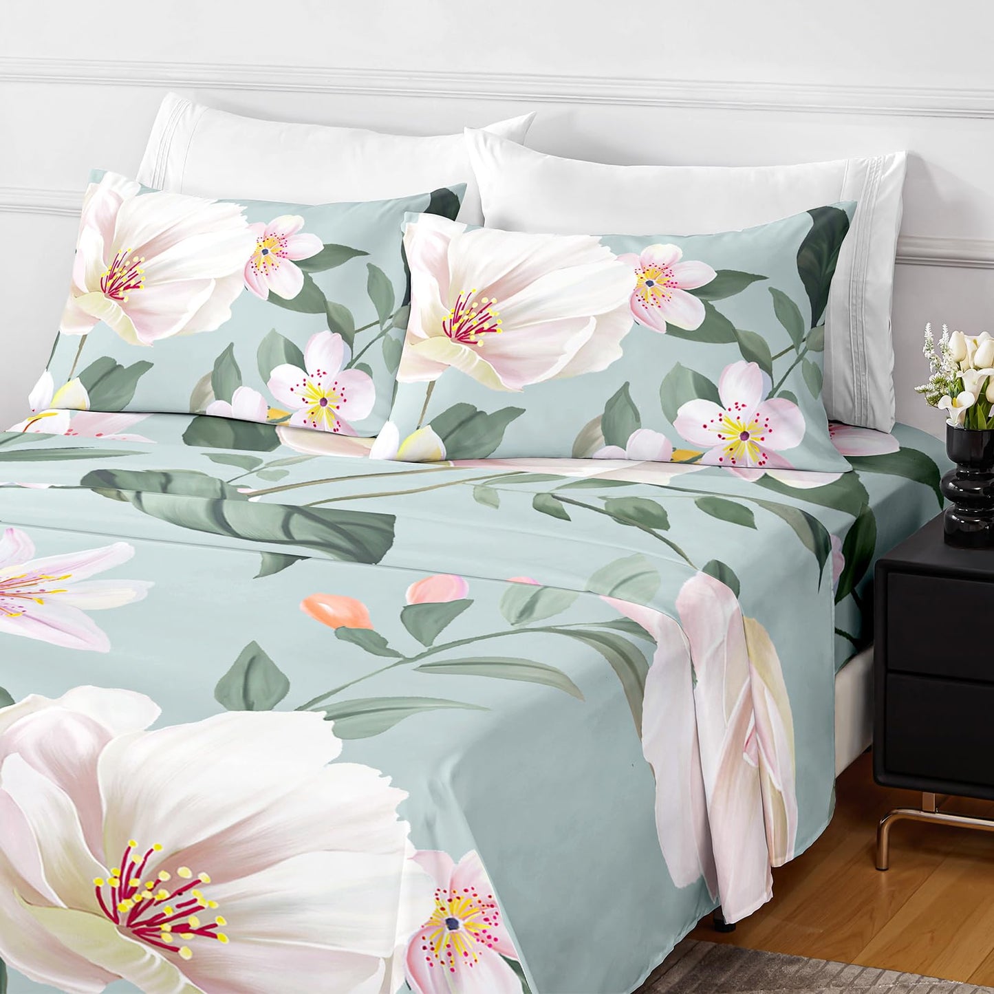 HCORA Floral King Size Sheets Set, Luxury 1800TC Hotel Quality Double Brushed Microfiber Deep Pocket Bed Sheets, Ultra Soft, Breathable and Cooling, 4PC, King