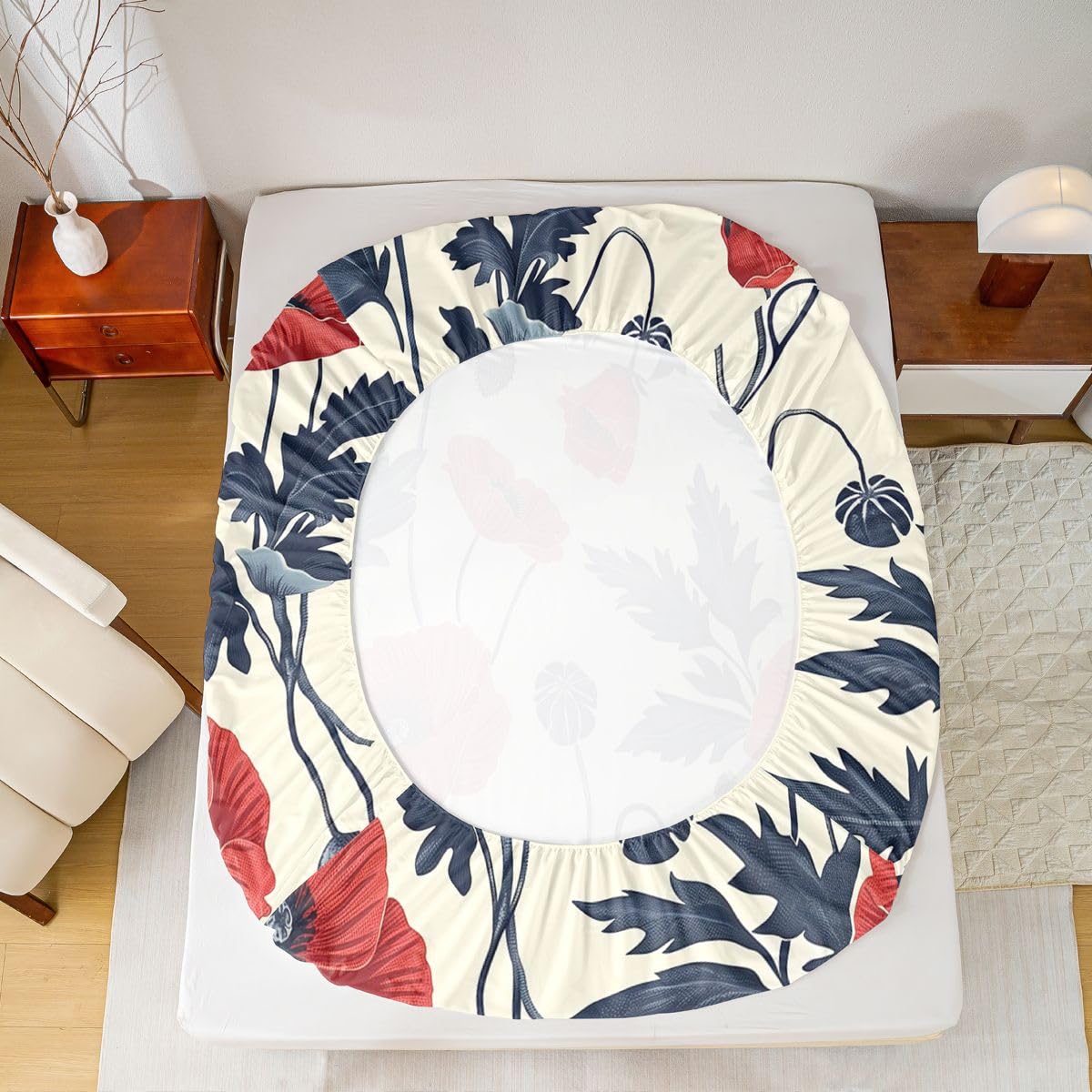 Feelyou Flower Bed Sheets Sets Queen Size Kids Boys Girls Red Floral Bedding Set Botanical Bed Sheet Set with 16-Inch Deep Pockets Spring Garden 4Pcs with 2 Pillow Cases Floral Flower Blossom Printed