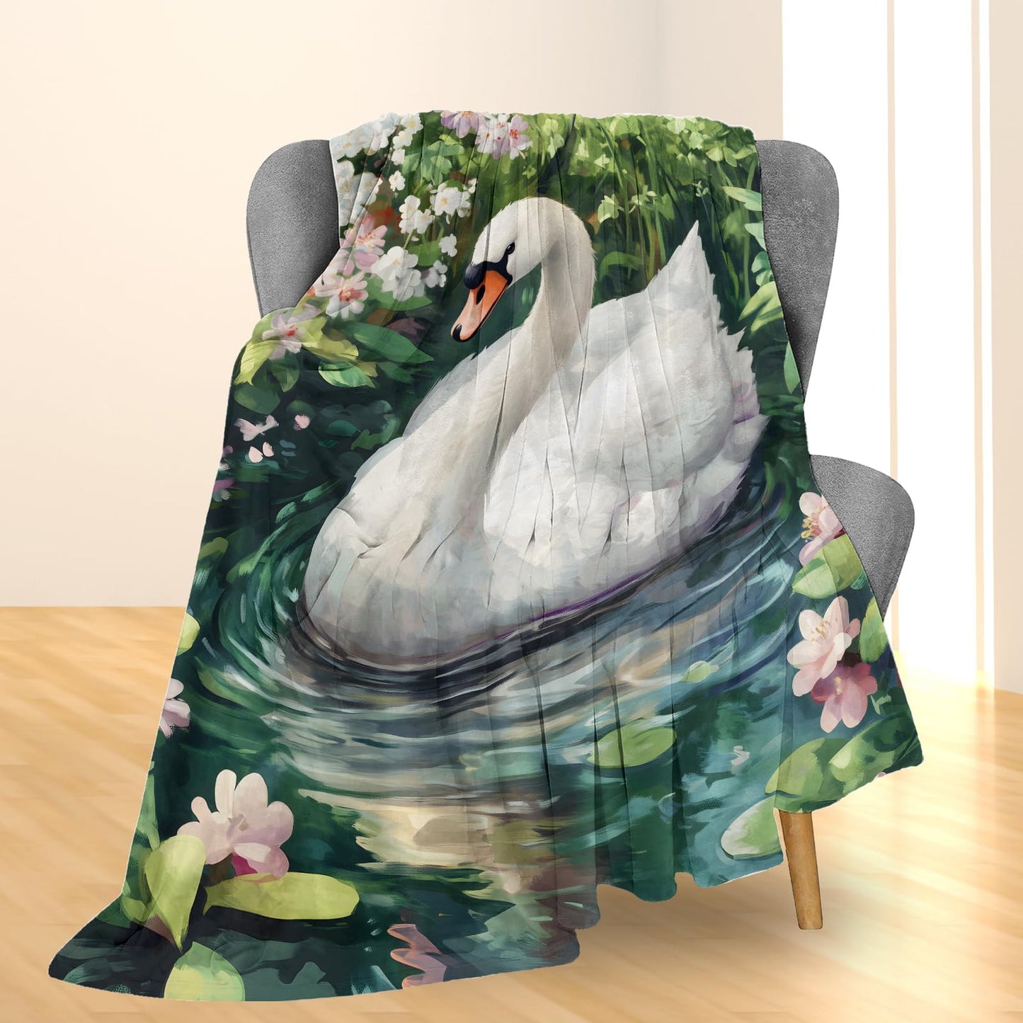 Ti Caldi White Swan & Floral Blanket, Soft Warm Flannel Throw Blanket for Couch, Bed, Travel & Home Decor, Lightweight Cozy Fuzzy Blankets for Adults Kids Women Men 60×50 in