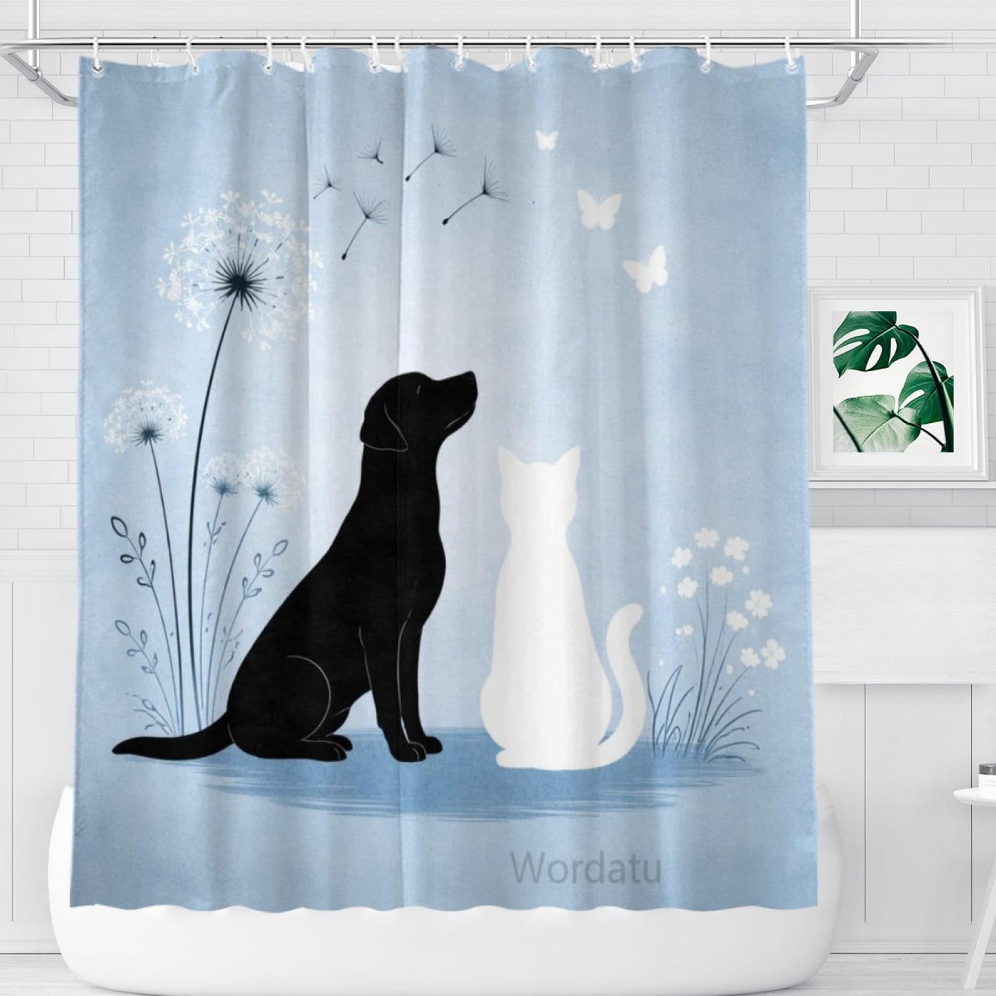 Wordatu Cat & Black Labrador Dog Bathtub Bath Curtain Cute Pet Animal Bathroom Waterproof Shower Curtain 72x72 with 12 Hooks