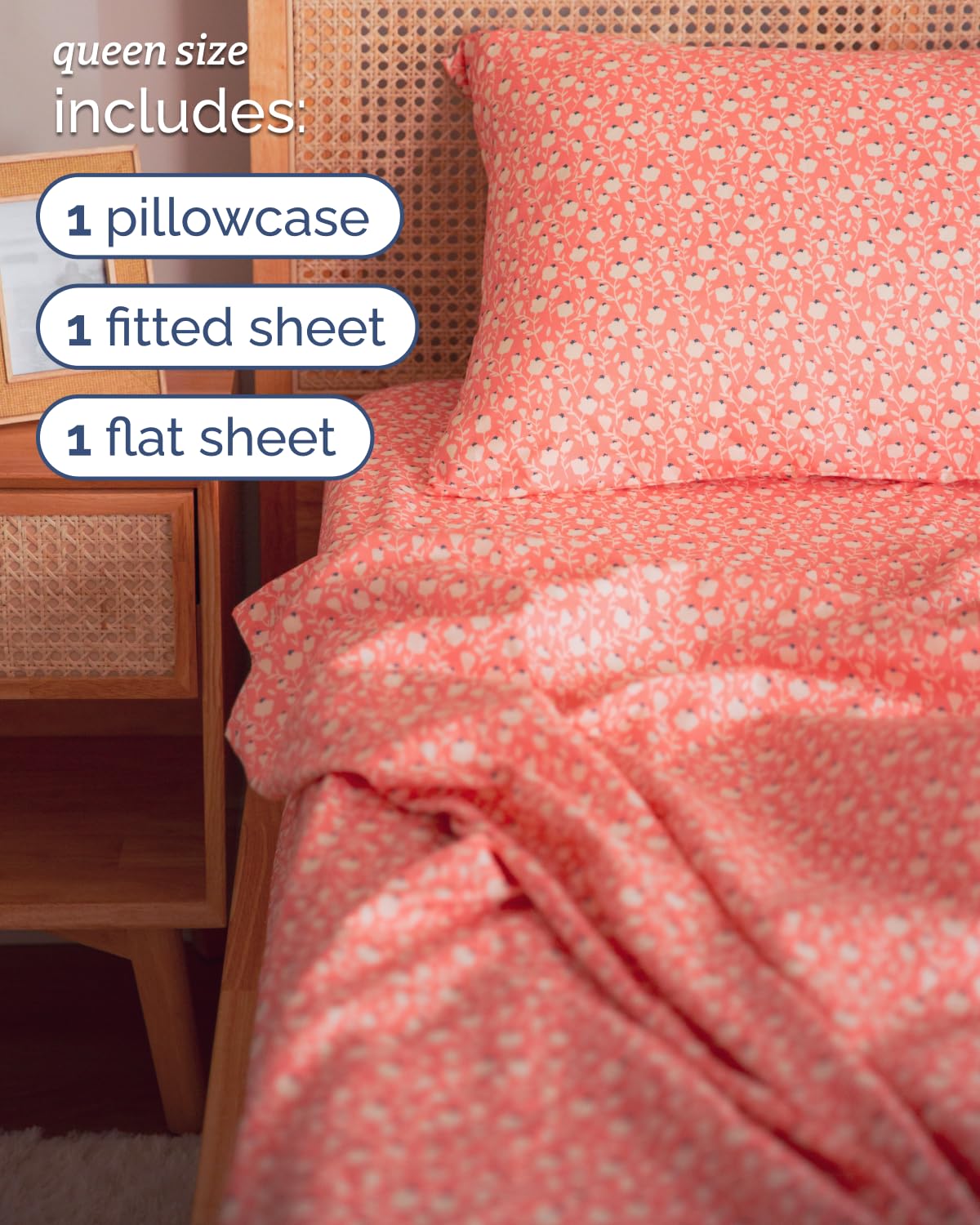 Floral Sheets - Pink & White Bed Sheet Set - 1 Flat, 1 Fitted & 2 Pillowcases w/ Deep Pockets - Comfy, Cozy, Wrinkle & Fade Free - Boho Botanical Bedding - Soft, Breathable & Cooling - Queen Size Set