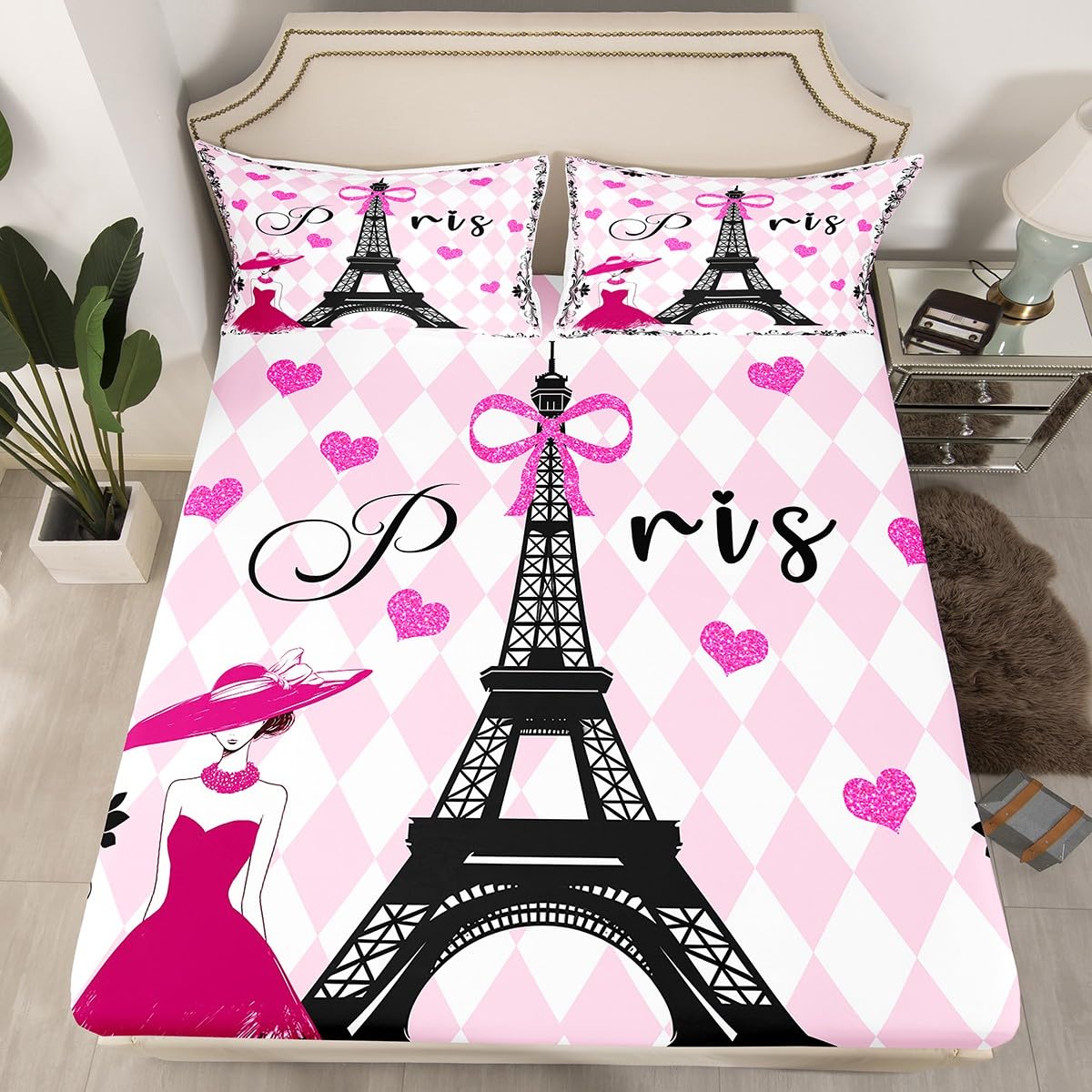 Romantic Paris Fitted Sheet Full 3 Pcs,Eiffel Tower Building Bedding Set,Glitter Bowknot Hearts Bed Sheet (No Top Sheet),Pink White Geometric Checker Deep Pocket Sheet,2 Pillowcases