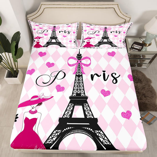 Romantic Paris Fitted Sheet Full 3 Pcs,Eiffel Tower Building Bedding Set,Glitter Bowknot Hearts Bed Sheet (No Top Sheet),Pink White Geometric Checker Deep Pocket Sheet,2 Pillowcases