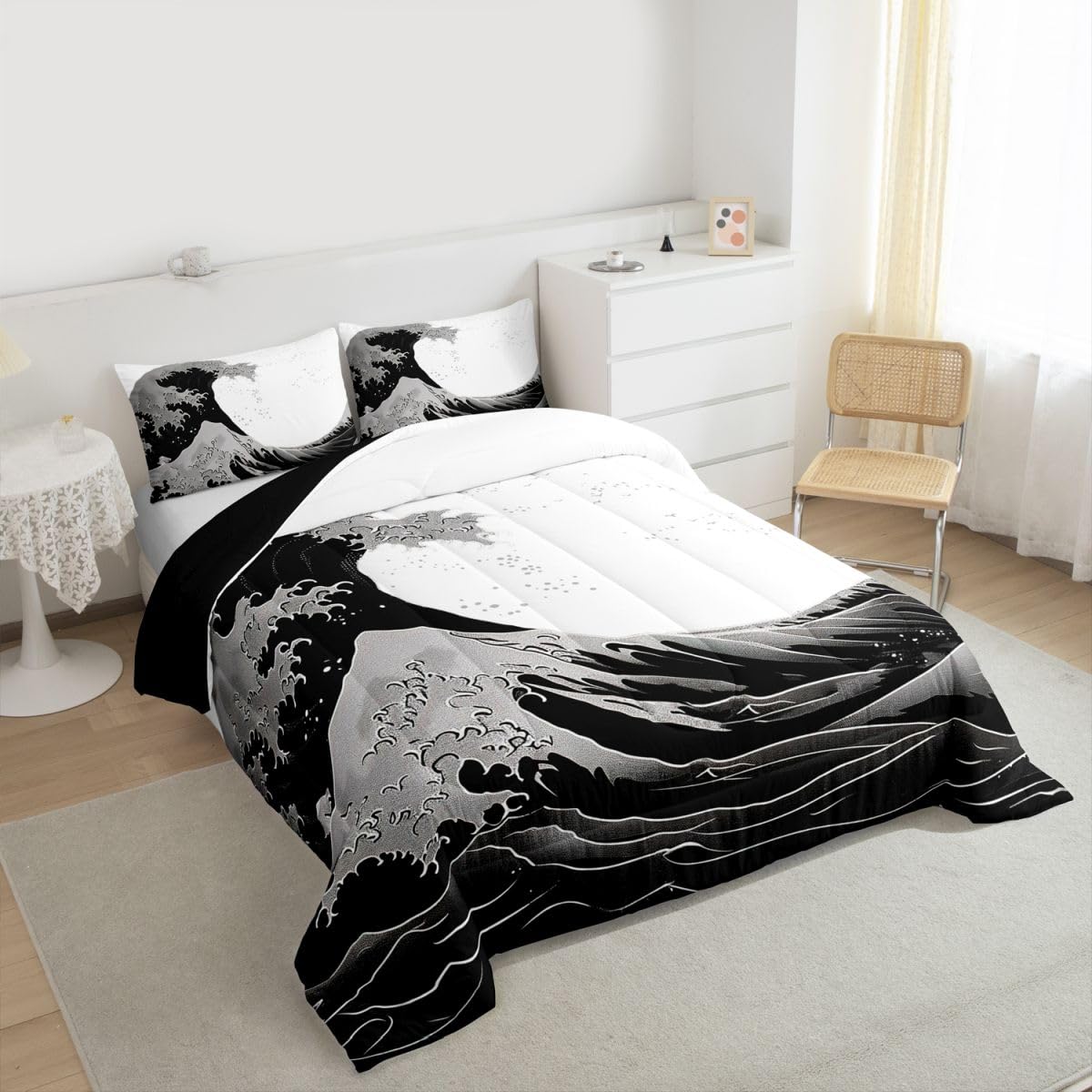 jejeloiu Black and White Wave Kids Comforter Set Queen Size Japanese Style Bedding Set Ocean Wave Duvet Quilt for Kids Boys Girls Bedroom Decor Microfiber Ultra Soft Breathable